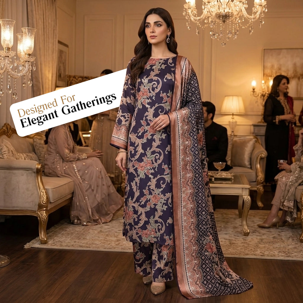 Midnight Floral Barosha Silk 3 Piece Unstitched Suit