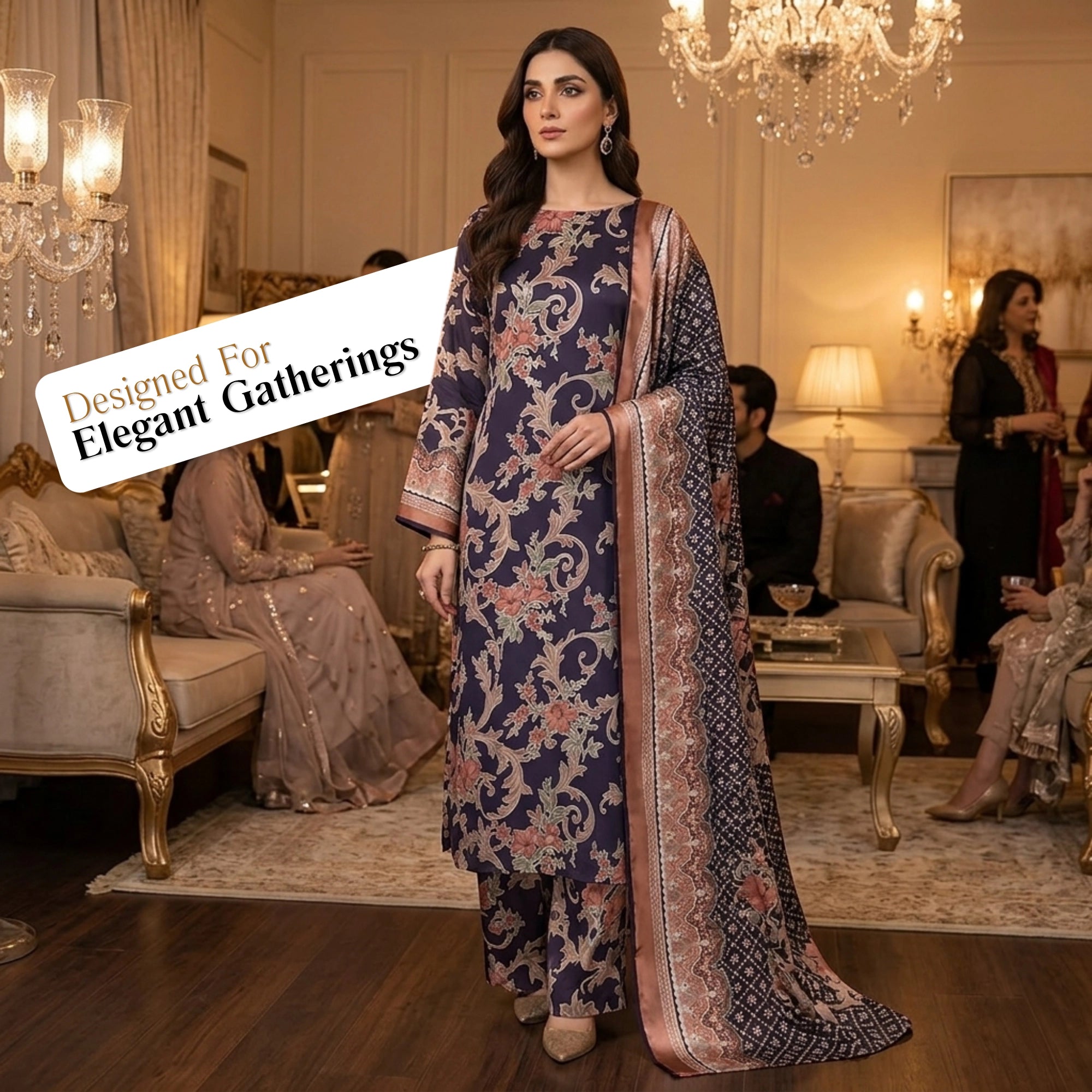 Midnight Floral Barosha Silk 3 Piece Unstitched Suit