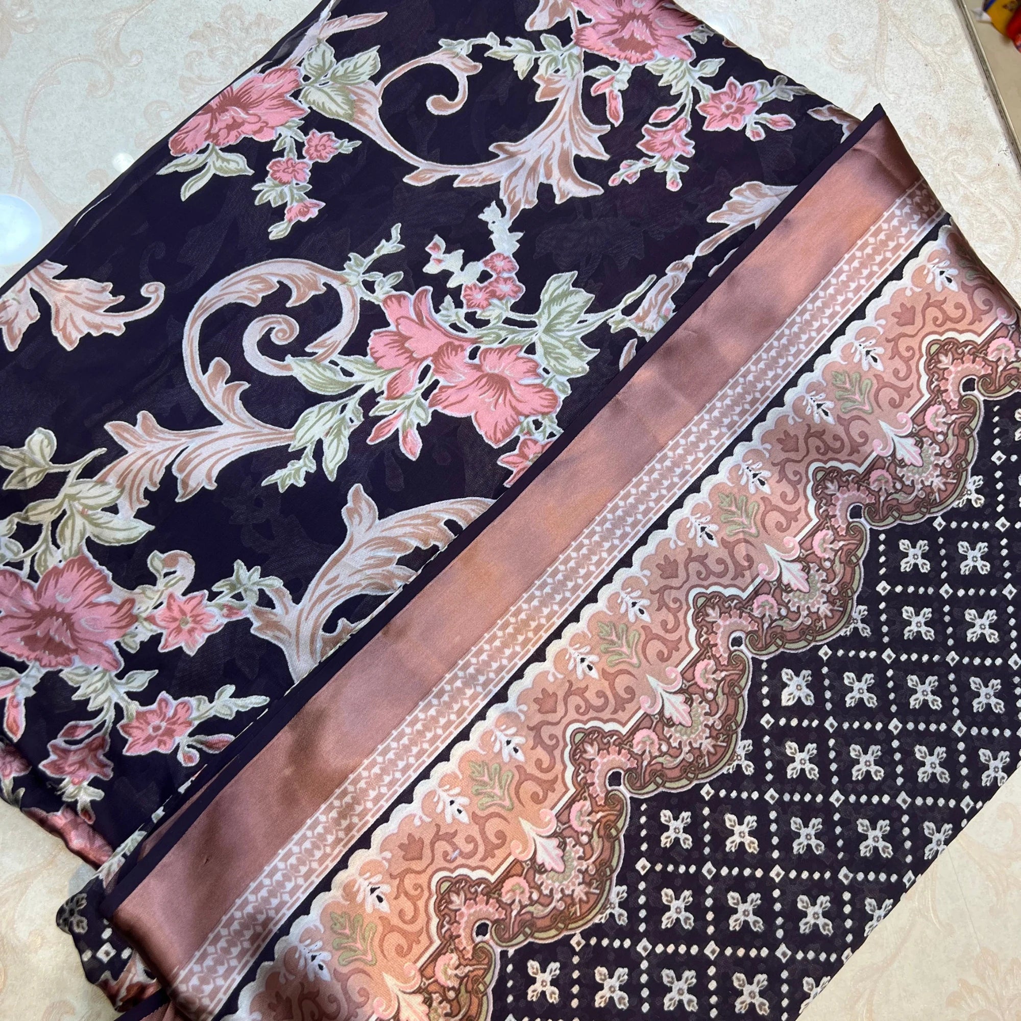 Midnight Floral Barosha Silk 3 Piece Unstitched Suit