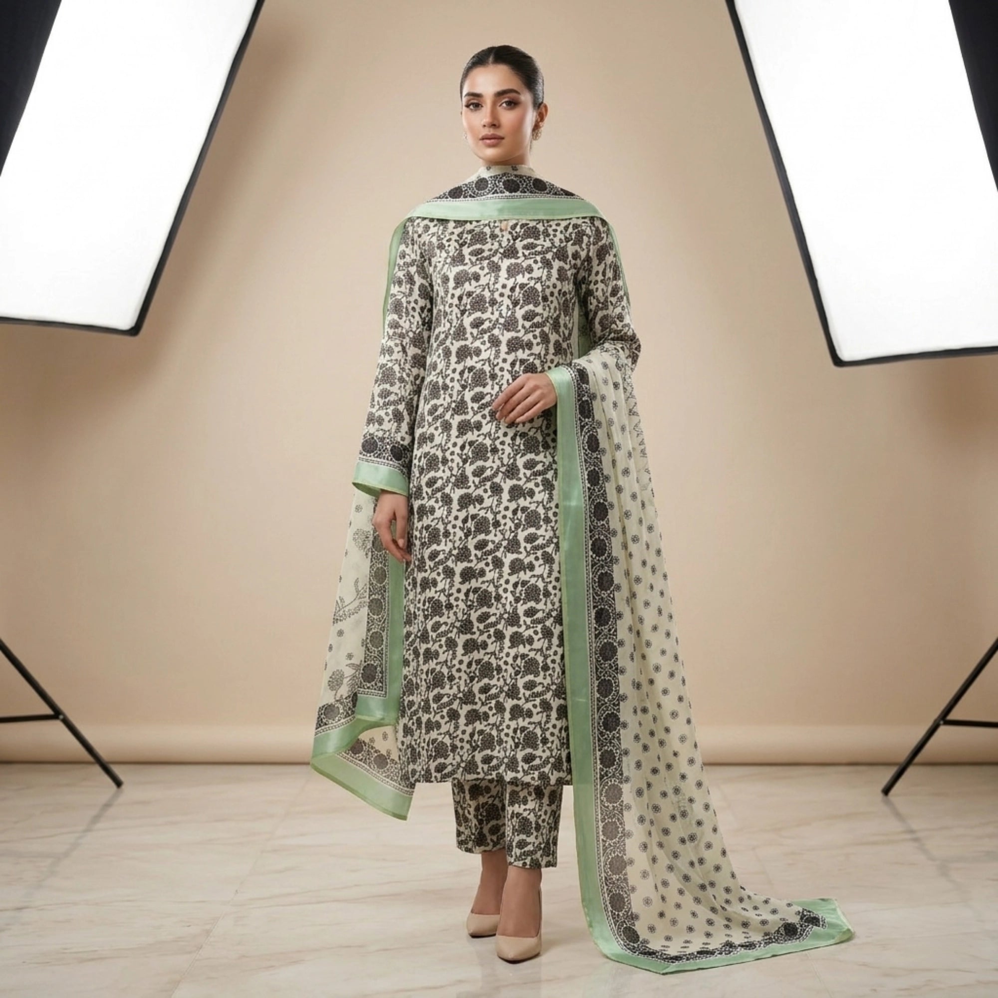 Mint Ivory Floral Barosha Silk 3 Piece Unstitched Suit