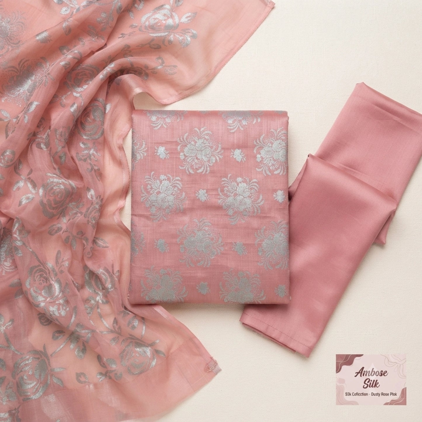 Dusty Rose Floral Ambose Silk 3 Piece Unstitched Suit