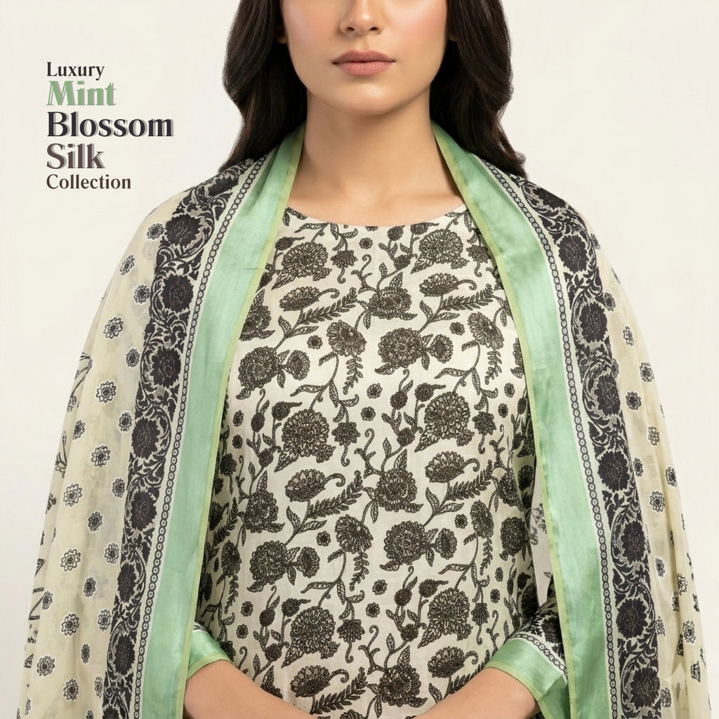 Mint Ivory Floral Barosha Silk 3 Piece Unstitched Suit