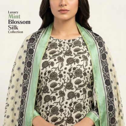 Mint Ivory Floral Barosha Silk 3 Piece Unstitched Suit