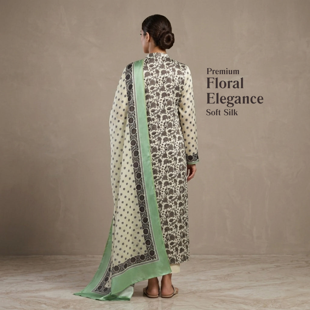 Mint Ivory Floral Barosha Silk 3 Piece Unstitched Suit