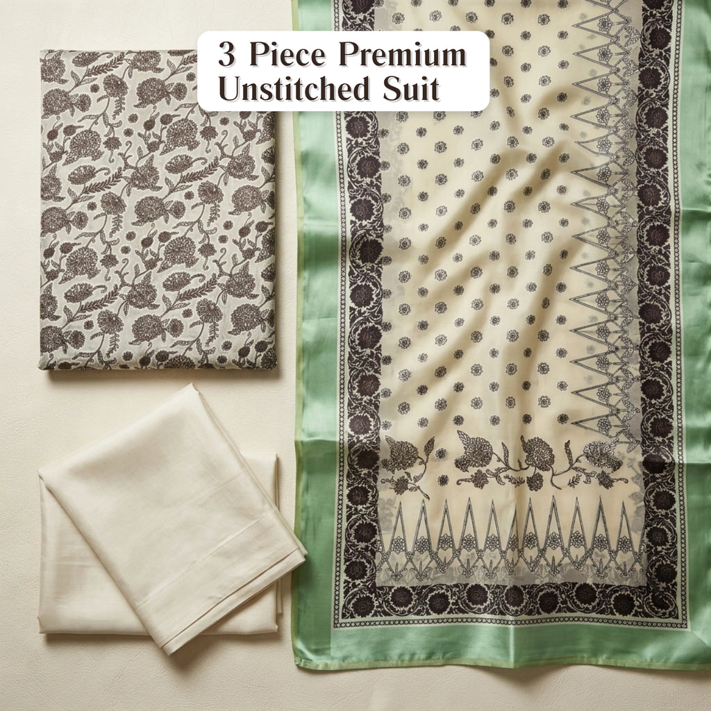 Mint Ivory Floral Barosha Silk 3 Piece Unstitched Suit