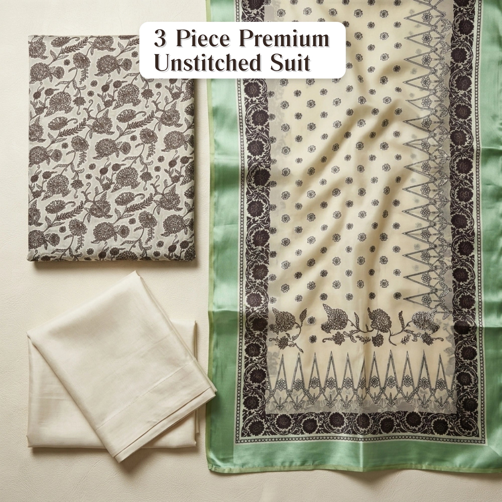 Mint Ivory Floral Barosha Silk 3 Piece Unstitched Suit