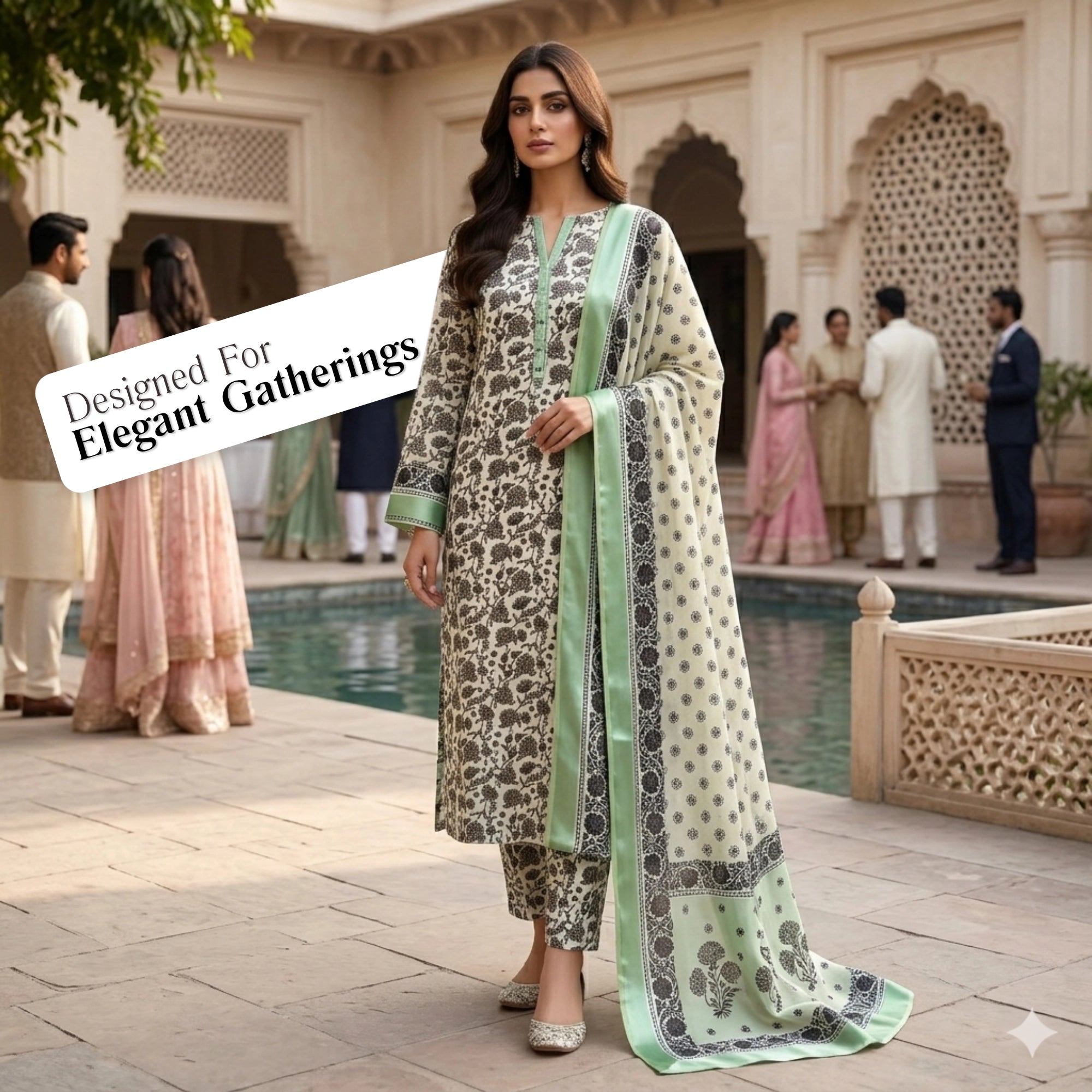 Mint Ivory Floral Barosha Silk 3 Piece Unstitched Suit