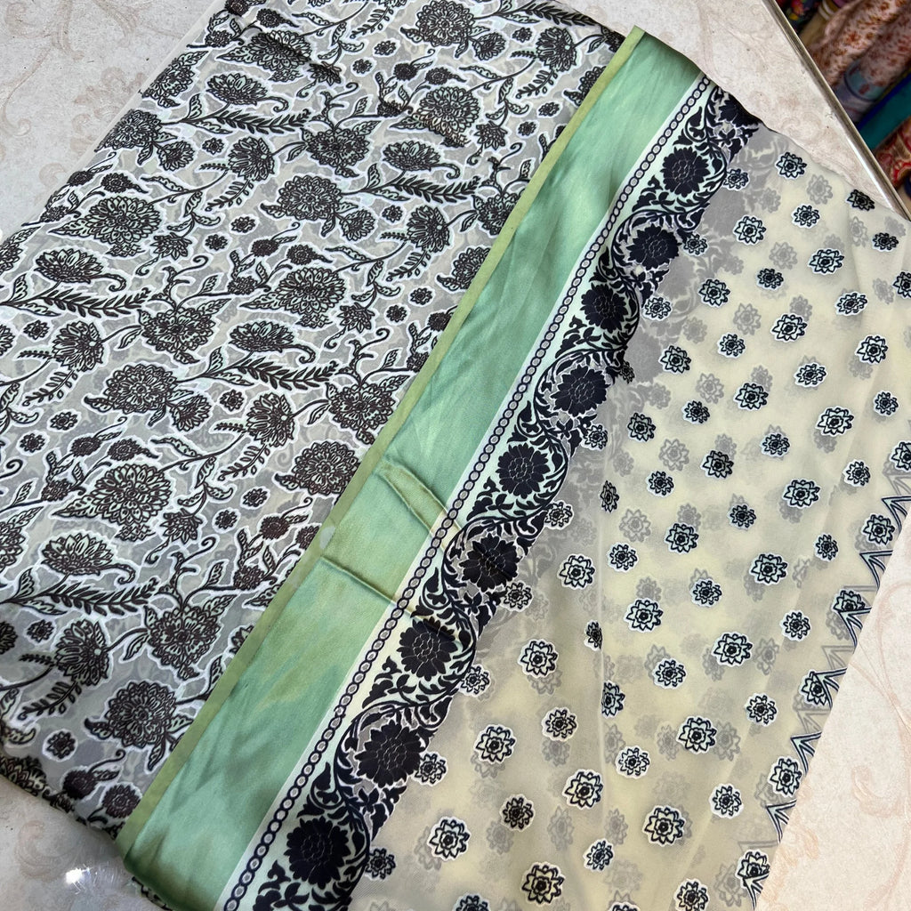 Mint Ivory Floral Barosha Silk 3 Piece Unstitched Suit