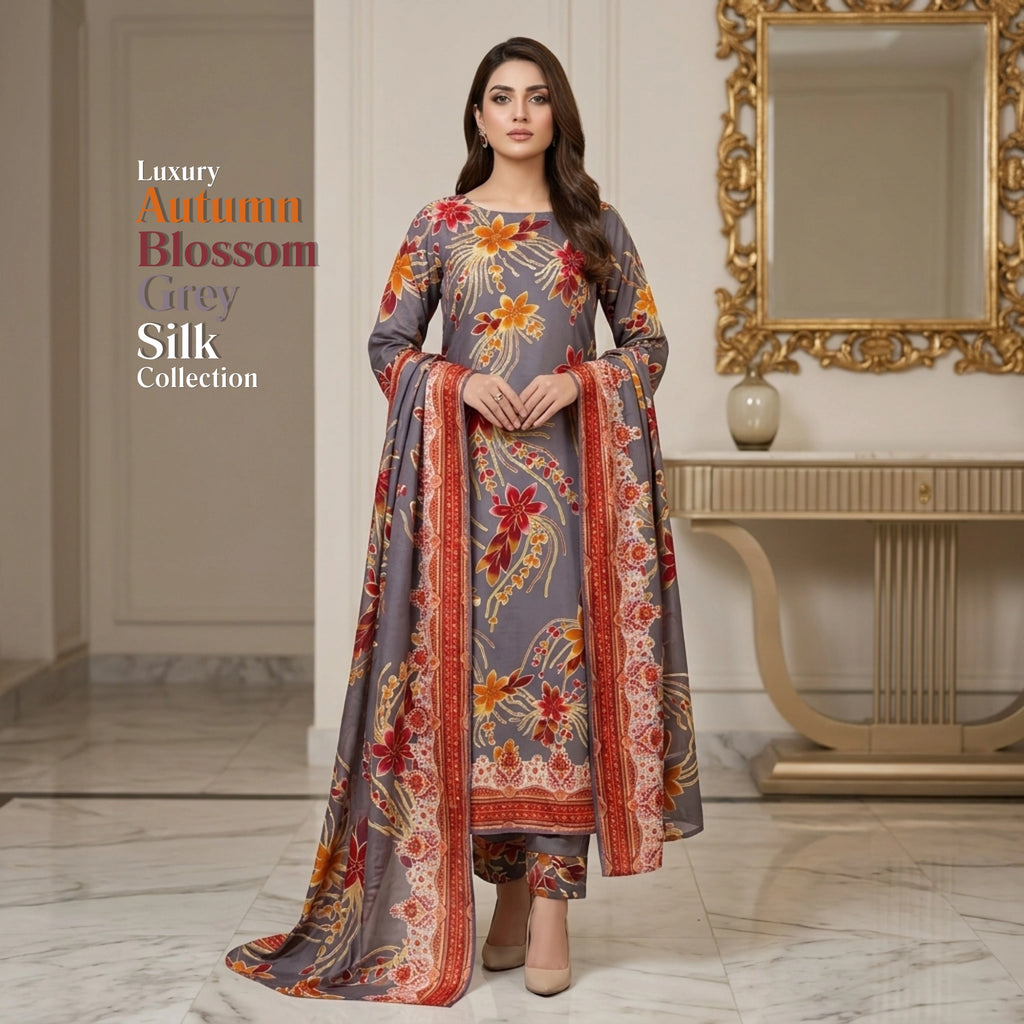 Grey Floral 3 Piece Unstitched Barosha Silk Suit
