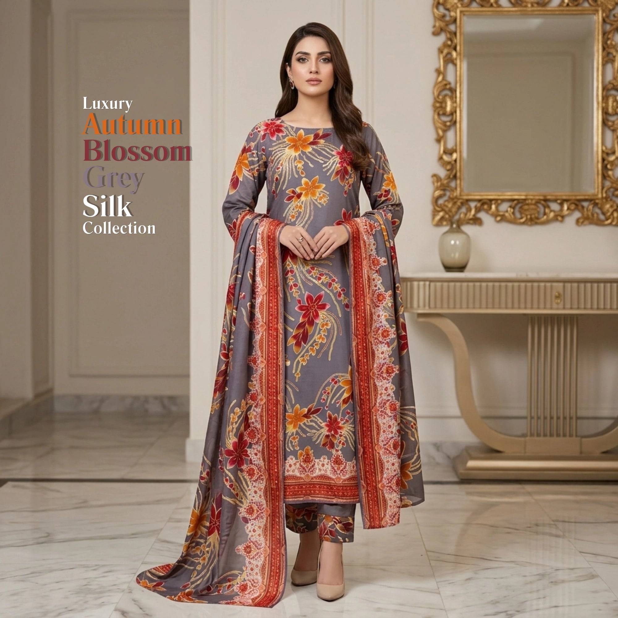 Grey Floral 3 Piece Unstitched Barosha Silk Suit