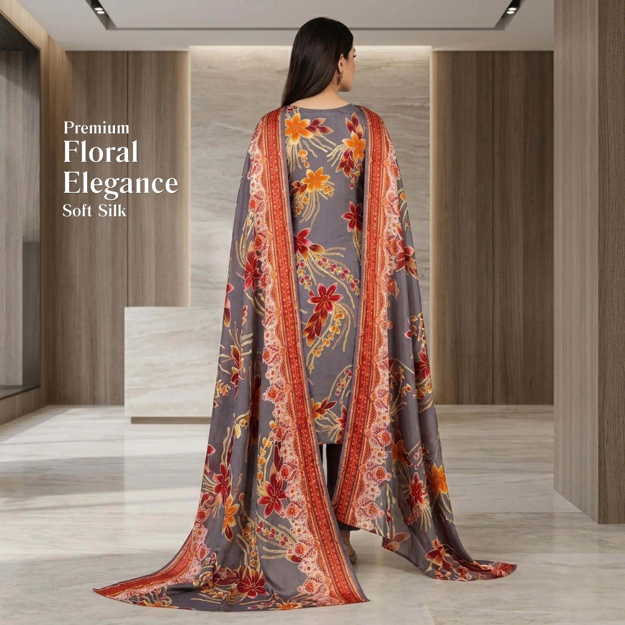 Grey Floral 3 Piece Unstitched Barosha Silk Suit