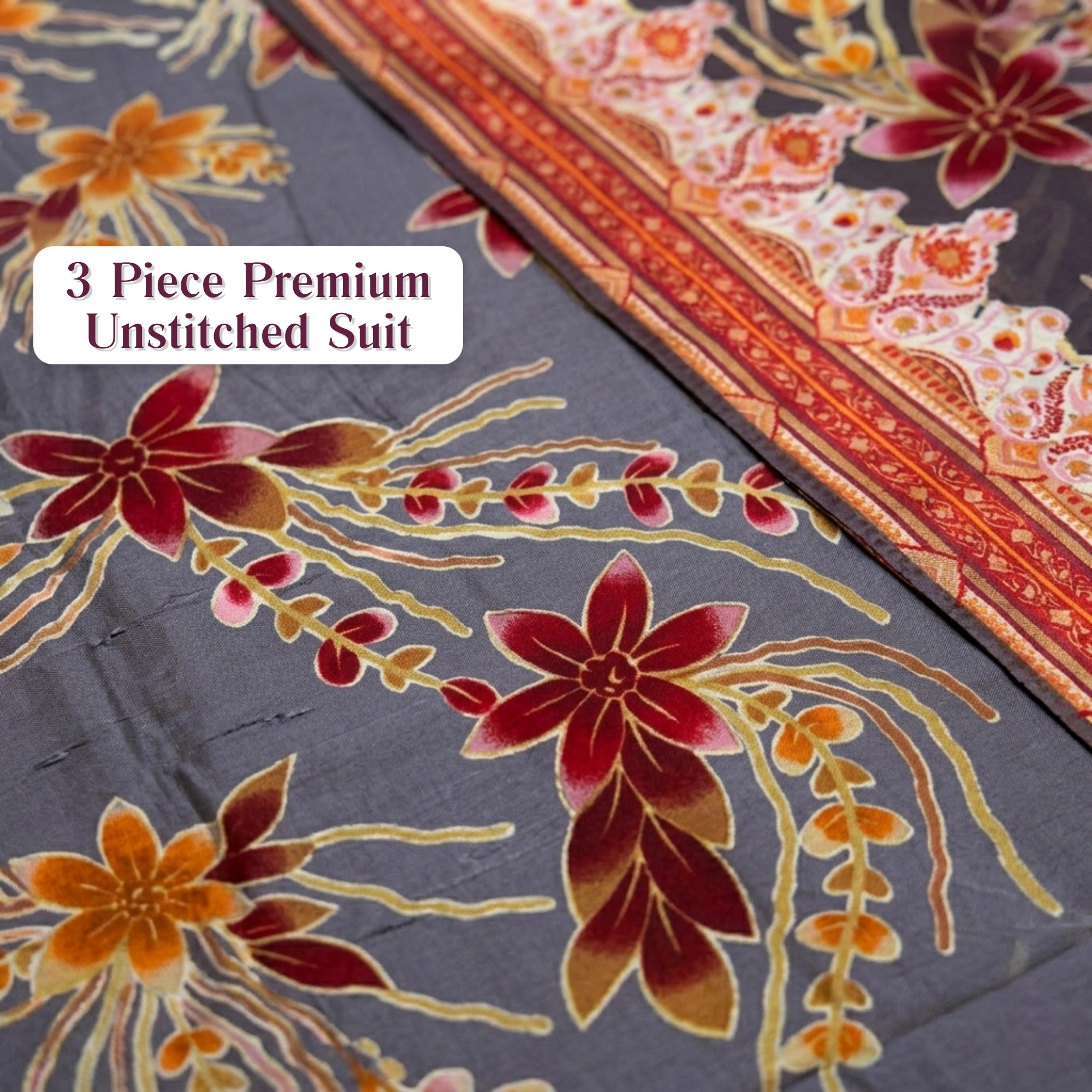Grey Floral 3 Piece Unstitched Barosha Silk Suit