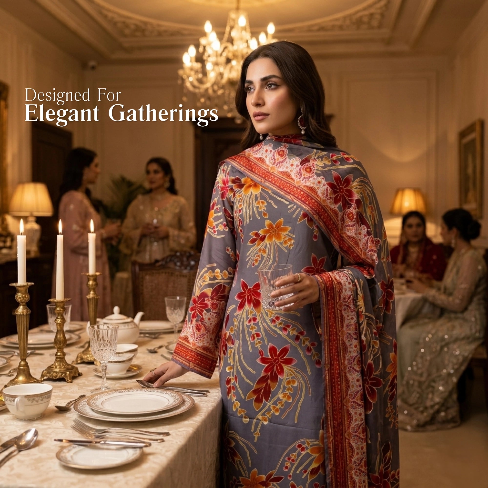 Grey Floral 3 Piece Unstitched Barosha Silk Suit