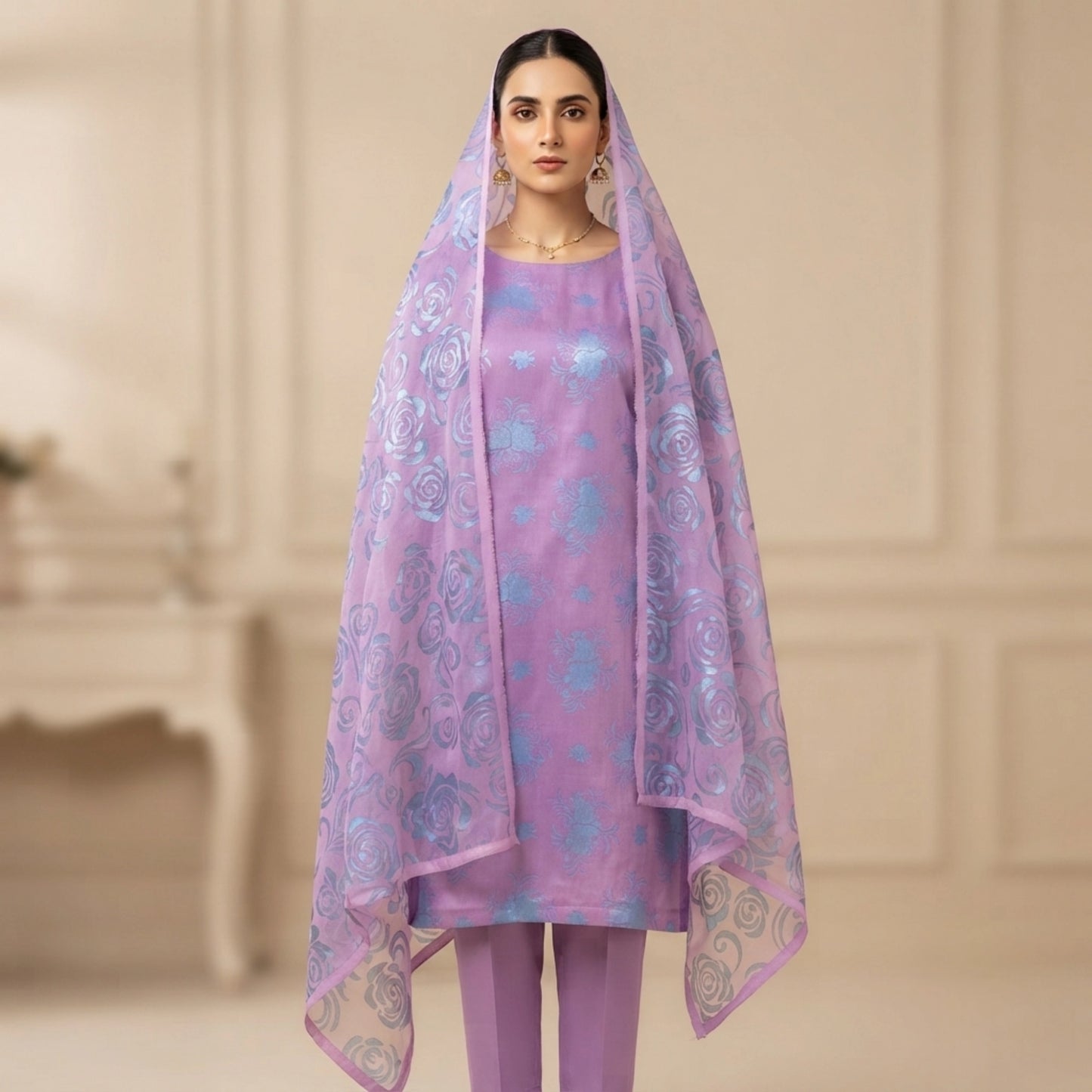 Lavender Purple & Sky Blue Ambose Silk 3 Piece Suit