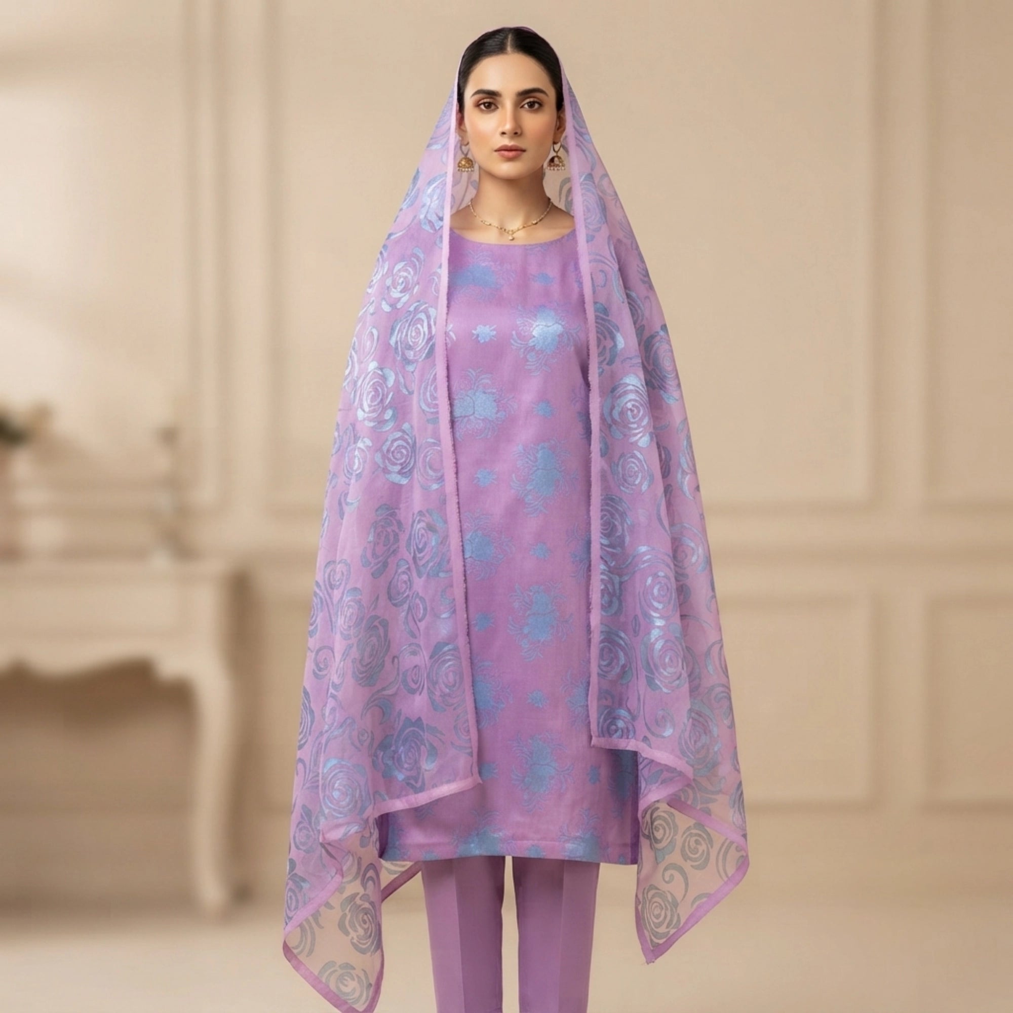 Lavender Purple & Sky Blue Ambose Silk 3 Piece Suit