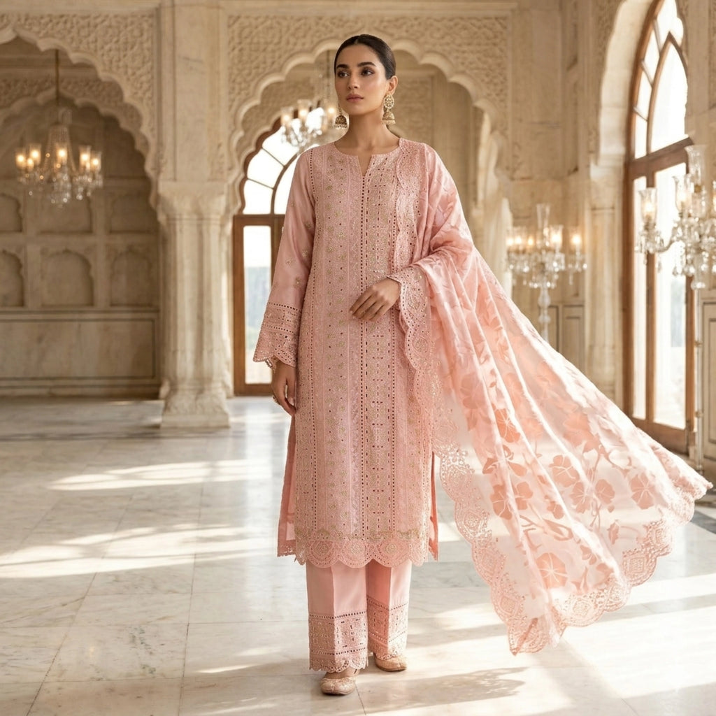 Blush Pink Unstitched Embroidered Ambose Silk 3 Piece Suit