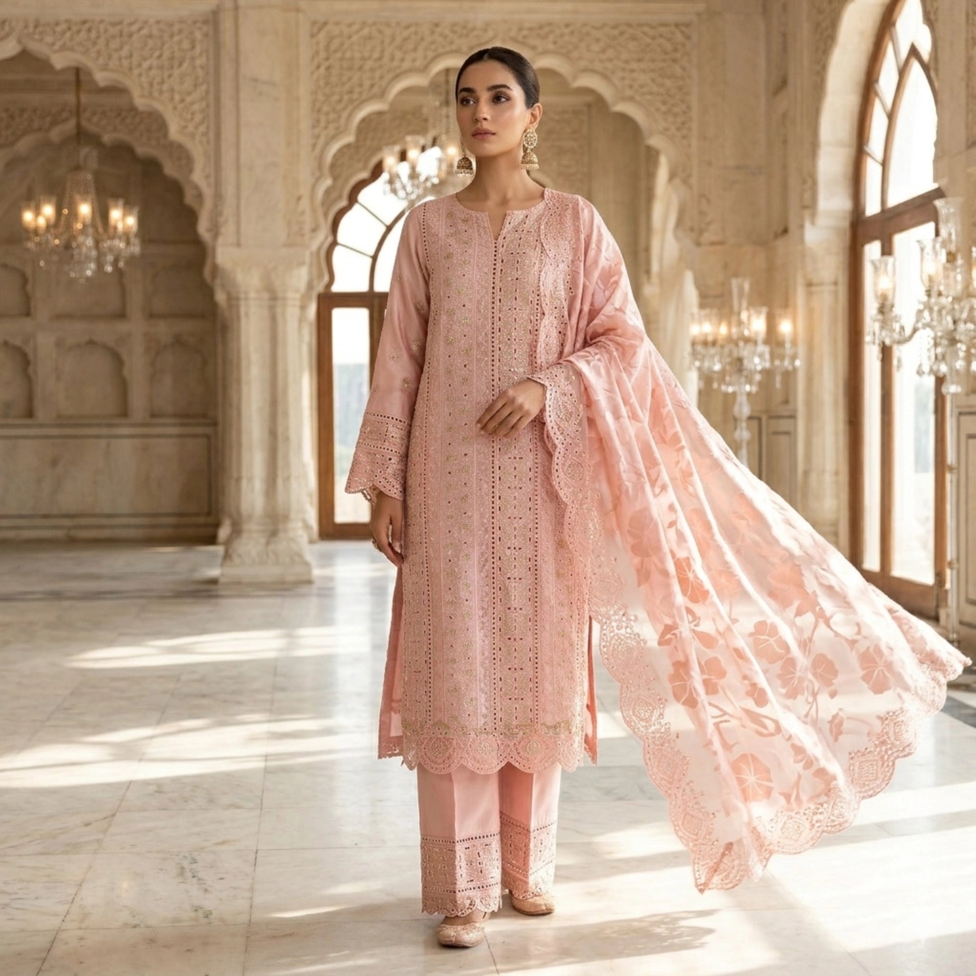 Blush Pink Unstitched Embroidered Ambose Silk 3 Piece Suit