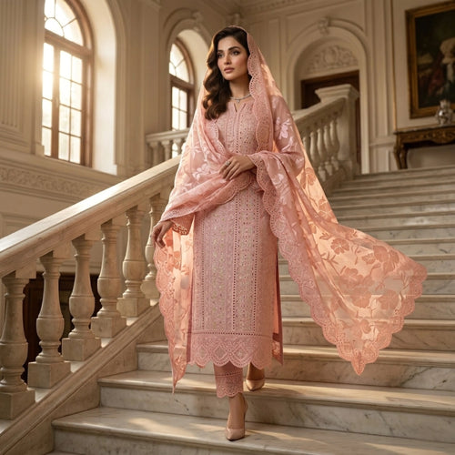 Blush Pink Unstitched Embroidered Ambose Silk 3 Piece Suit