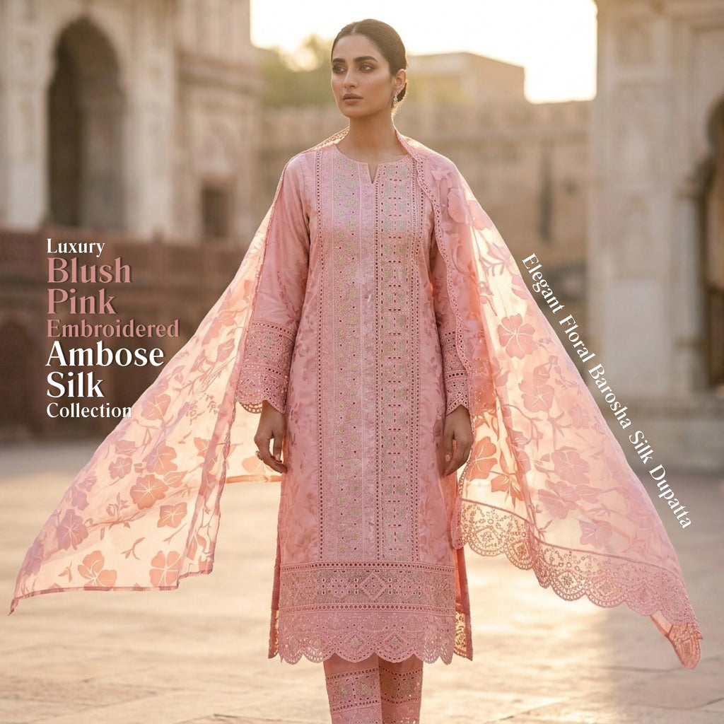 Blush Pink Unstitched Embroidered Ambose Silk 3 Piece Suit