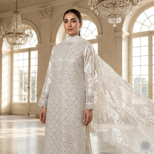 Ivory White Unstitched Embroidered Ambose Silk 3 Piece Suit
