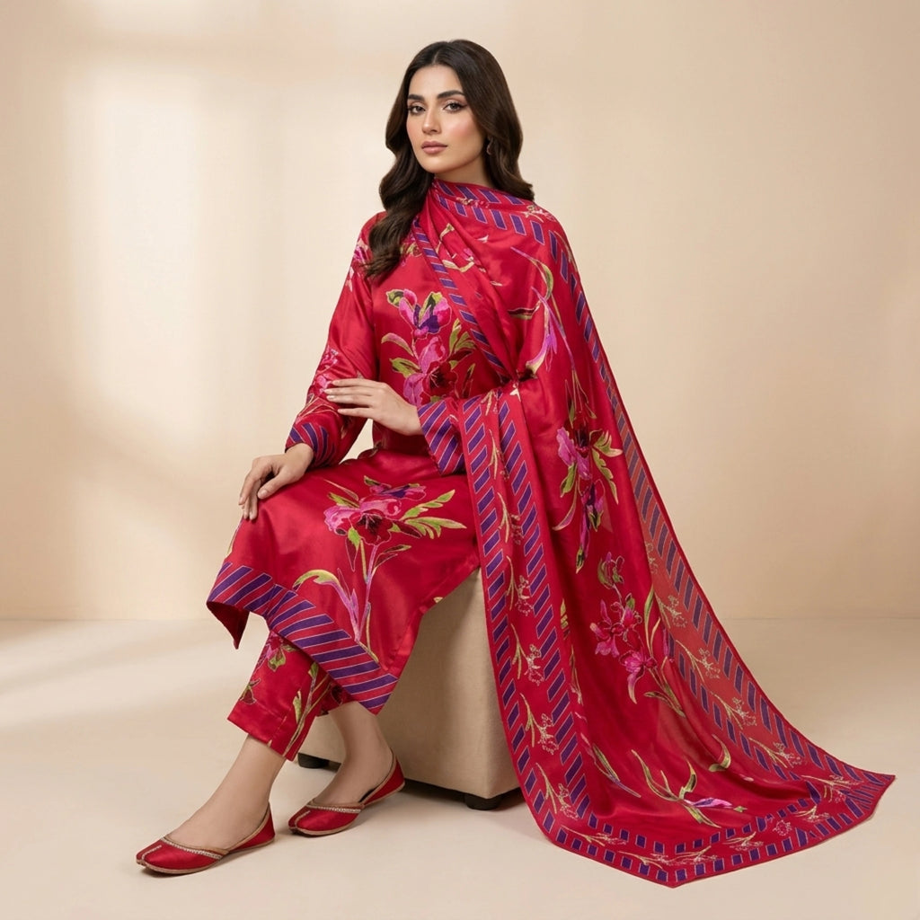 Red Barosha Silk 3 Piece Unstitched Suit Pakistan