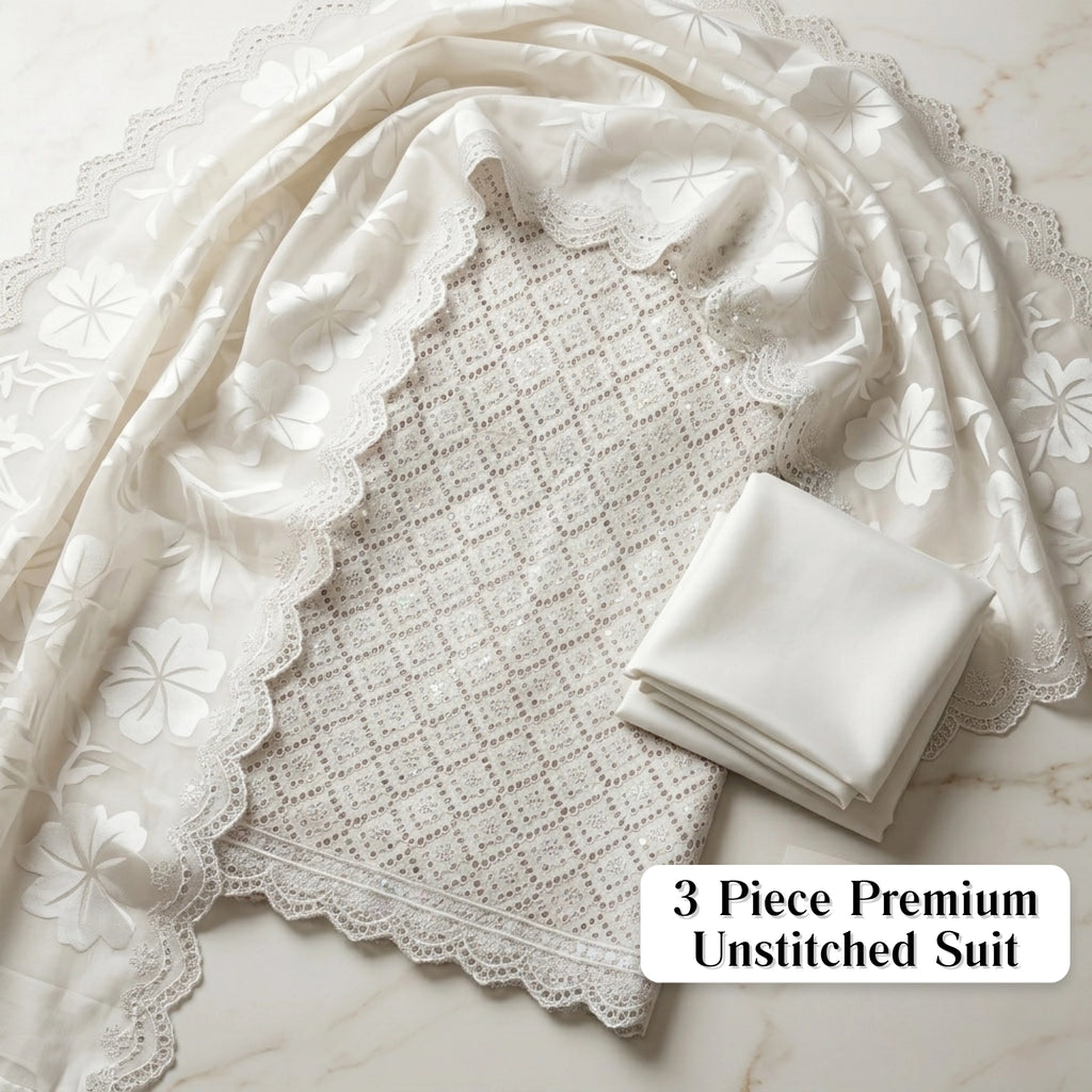 Ivory White Unstitched Embroidered Ambose Silk 3 Piece Suit