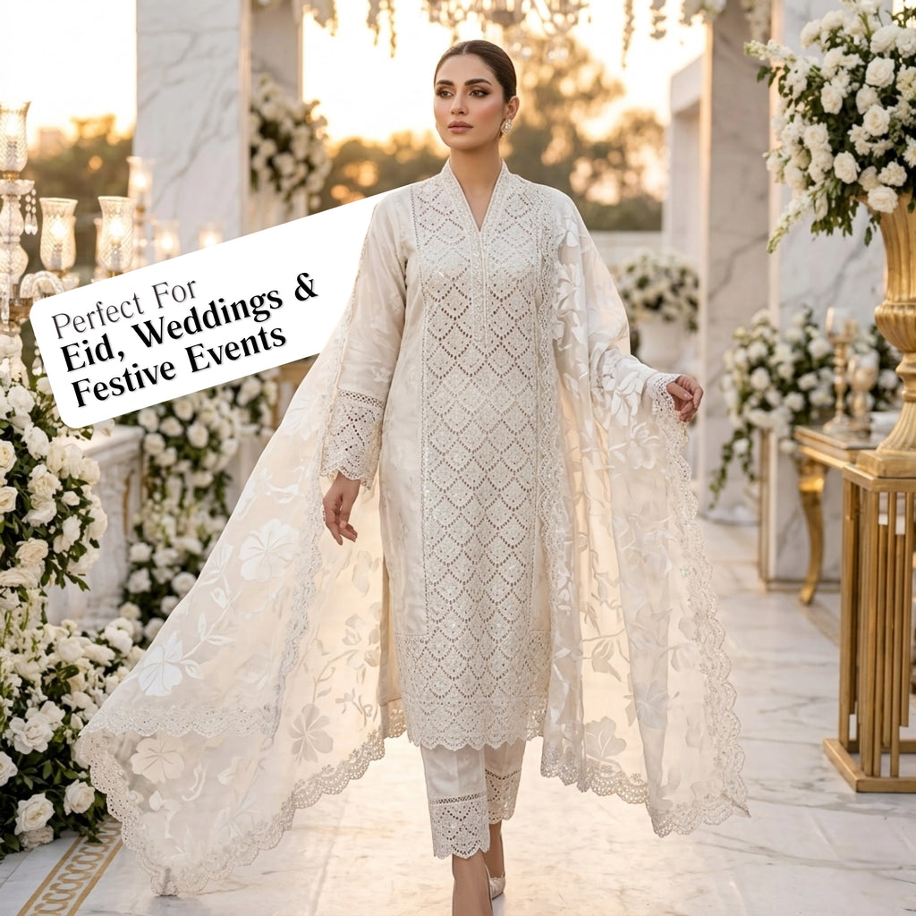 Ivory White Unstitched Embroidered Ambose Silk 3 Piece Suit