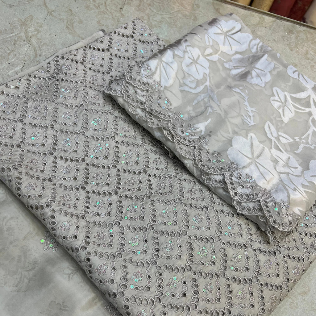 Ivory White Unstitched Embroidered Ambose Silk 3 Piece Suit