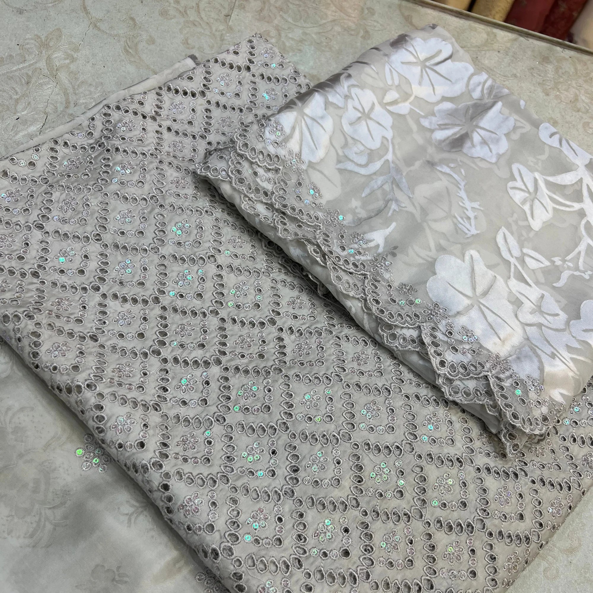 Ivory White Unstitched Embroidered Ambose Silk 3 Piece Suit