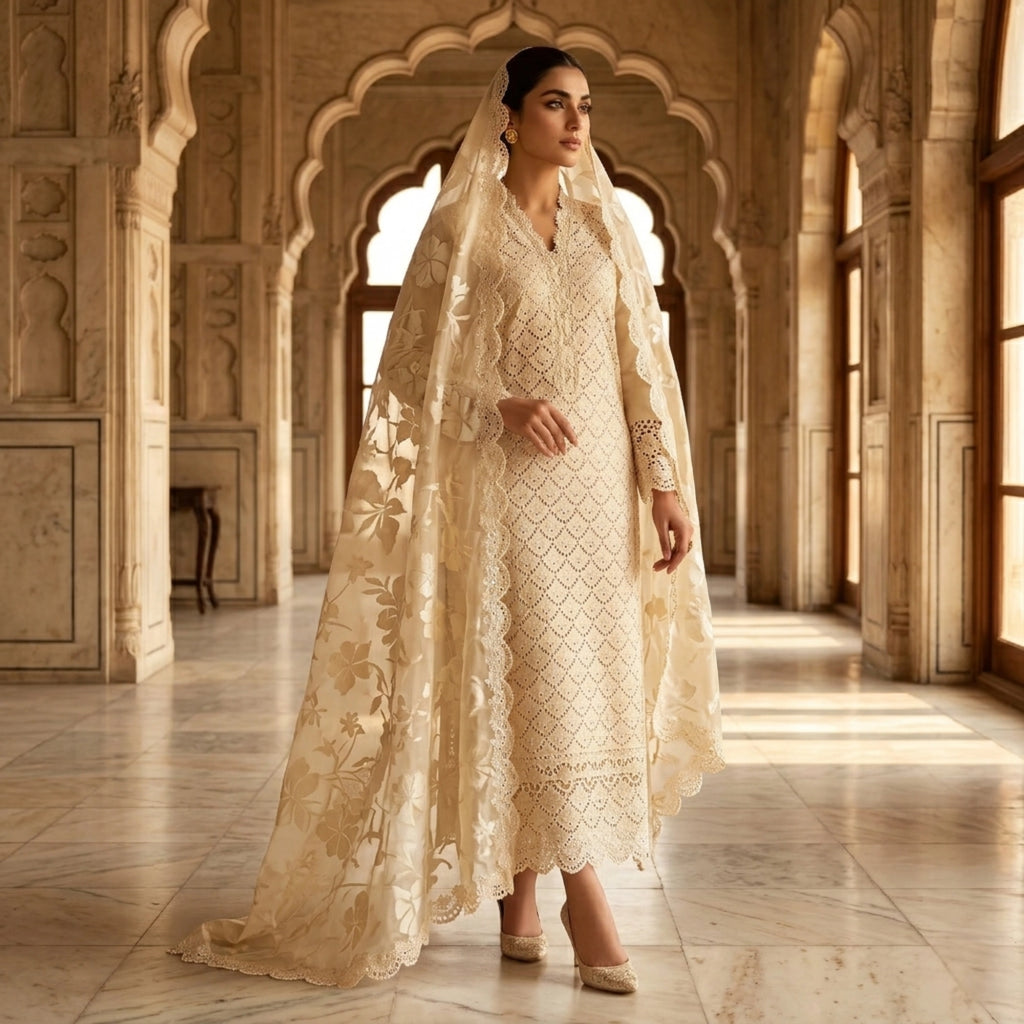 Ivory Champagne Embroidered Ambose Silk 3 Piece Suit
