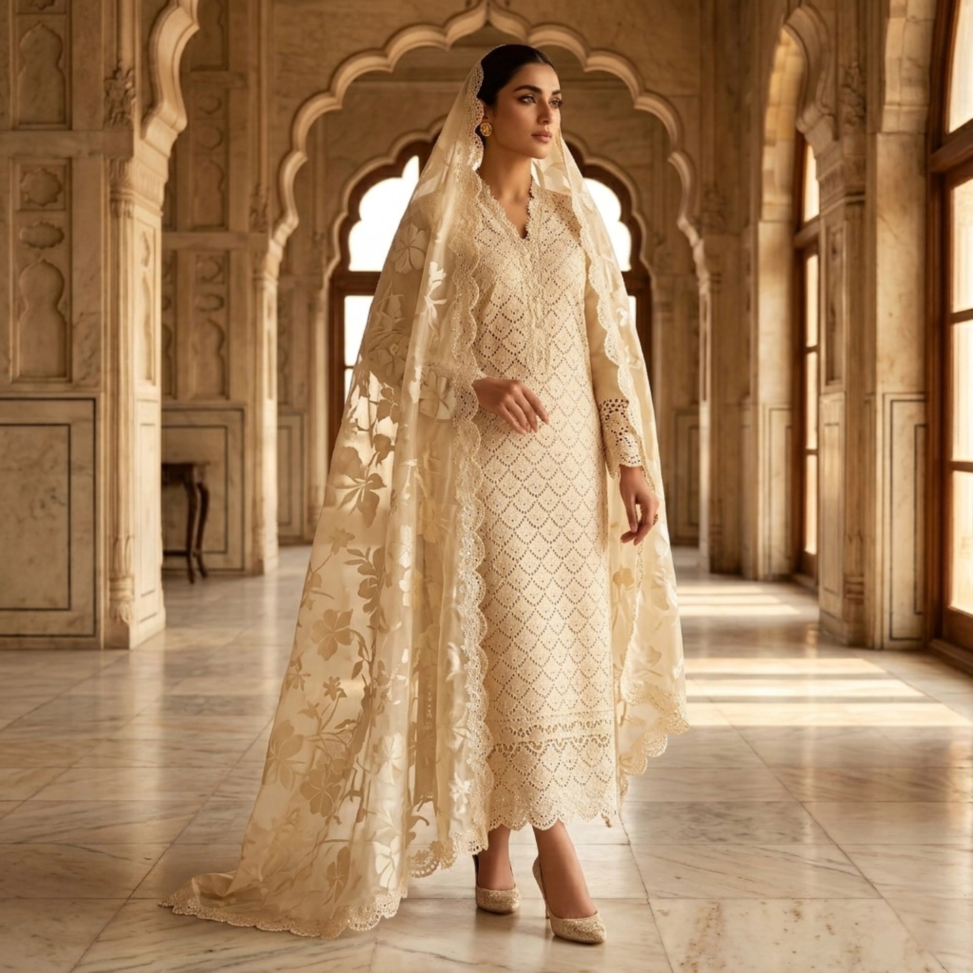 Ivory Champagne Embroidered Ambose Silk 3 Piece Suit