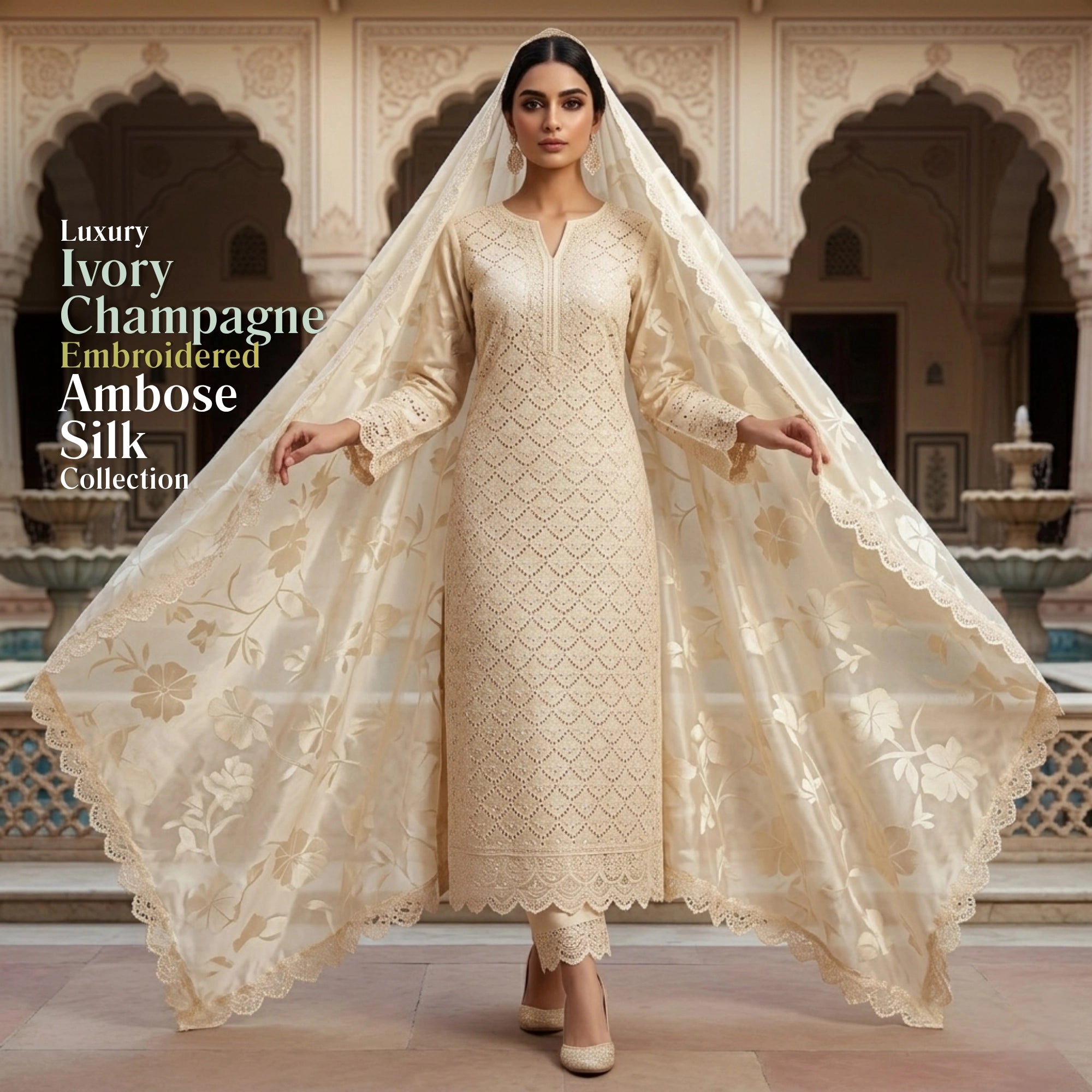 Ivory Champagne Embroidered Ambose Silk 3 Piece Suit