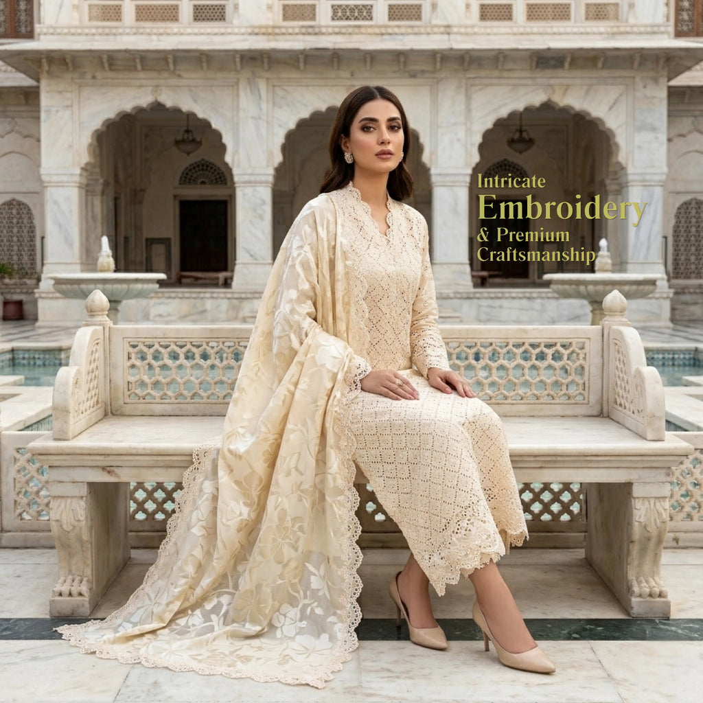 Ivory Champagne Embroidered Ambose Silk 3 Piece Suit