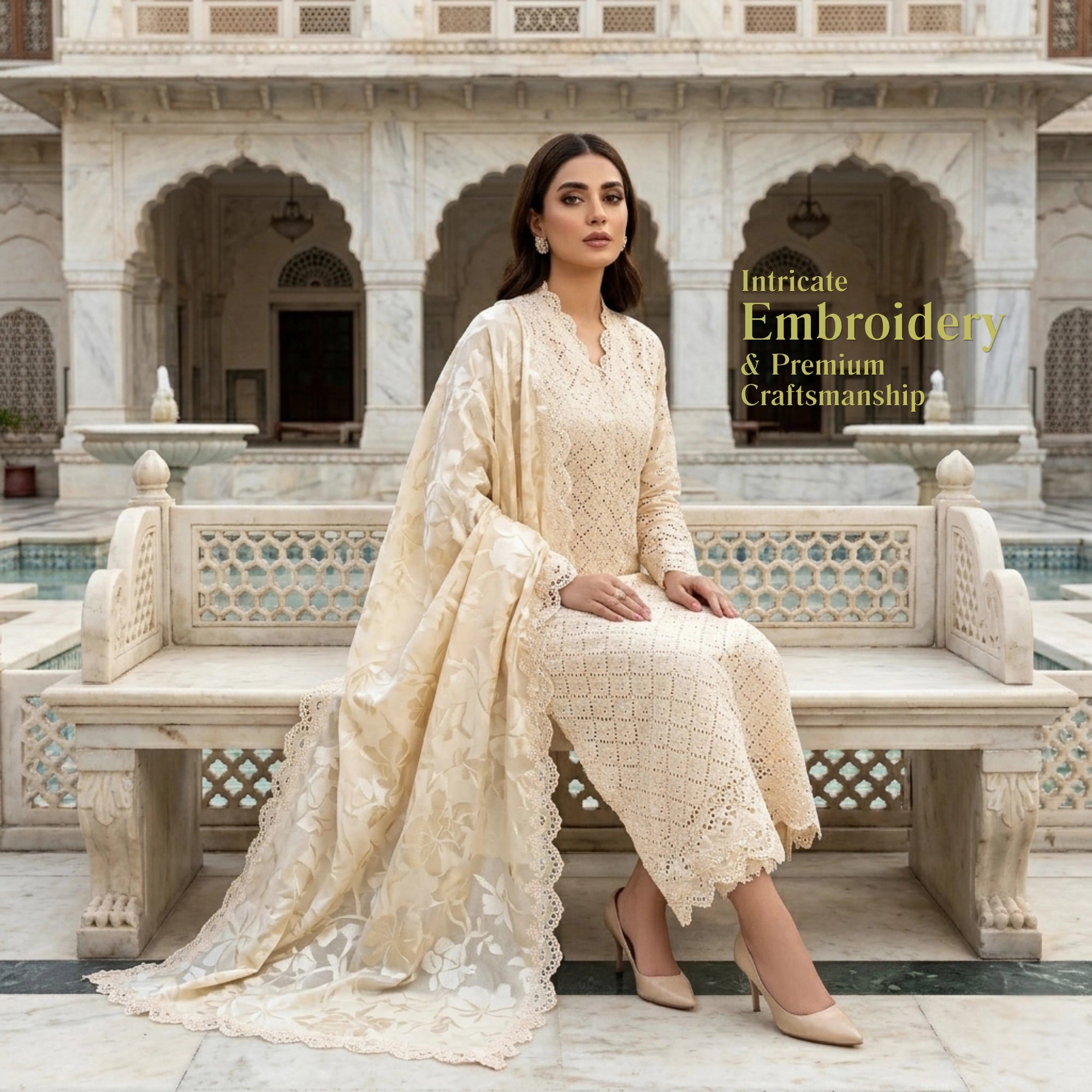 Ivory Champagne Embroidered Ambose Silk 3 Piece Suit