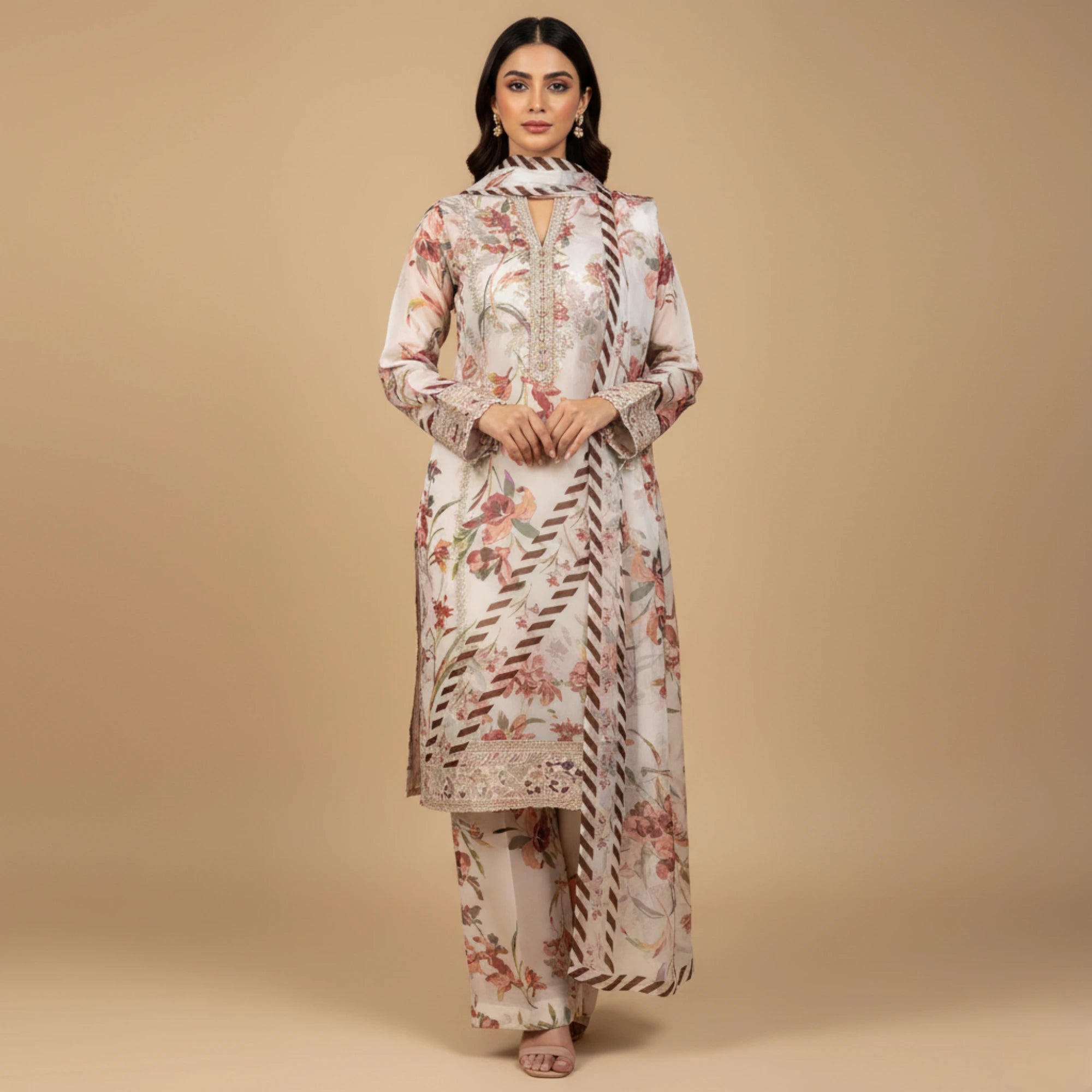 Barosha Silk Floral 3 Piece Unstitched Suit – Off White | Insaf
