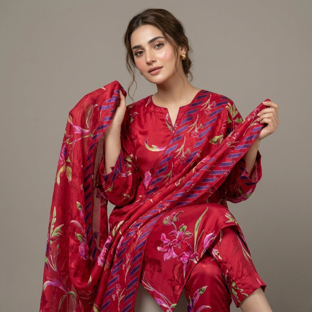 Red Barosha Silk 3 Piece Unstitched Suit Pakistan