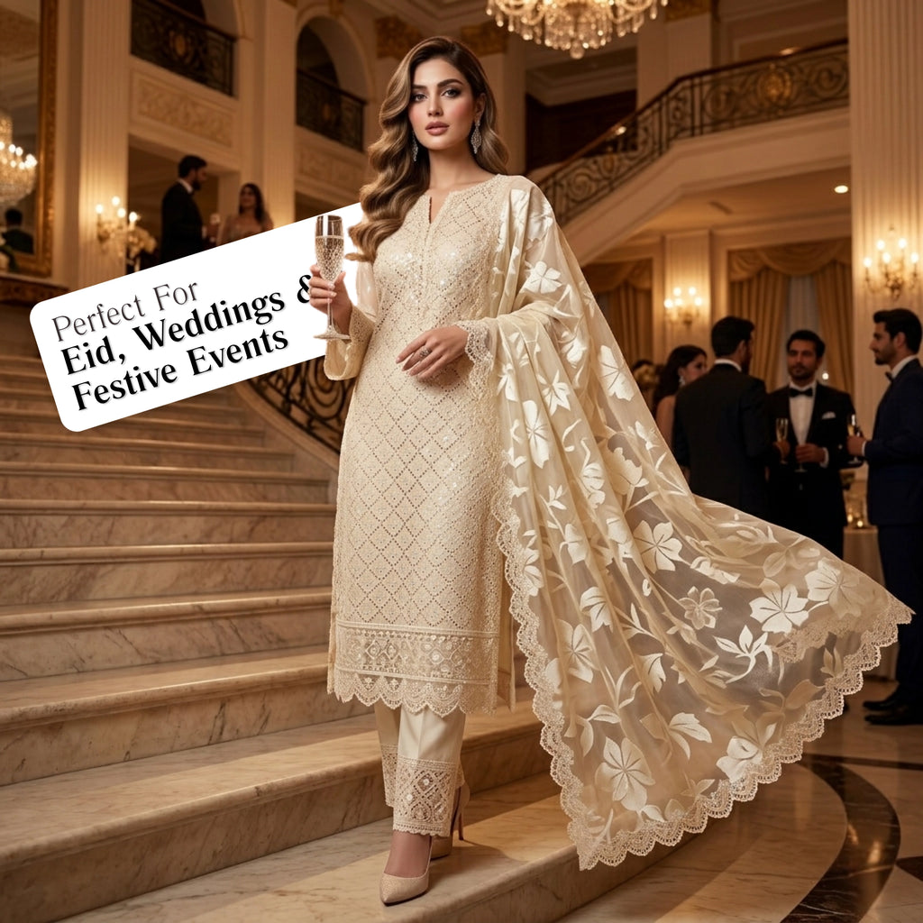 Ivory Champagne Embroidered Ambose Silk 3 Piece Suit