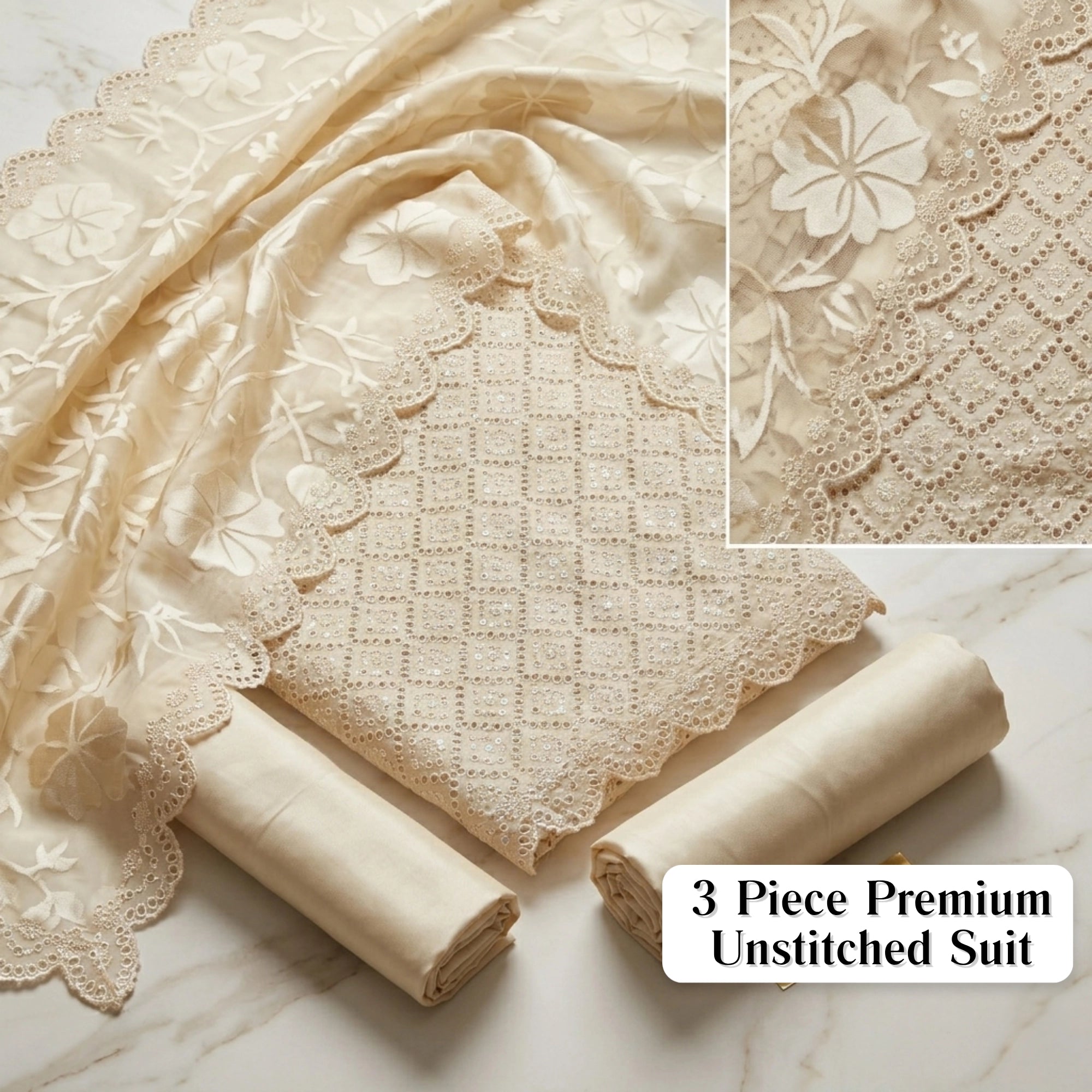 Ivory Champagne Embroidered Ambose Silk 3 Piece Suit