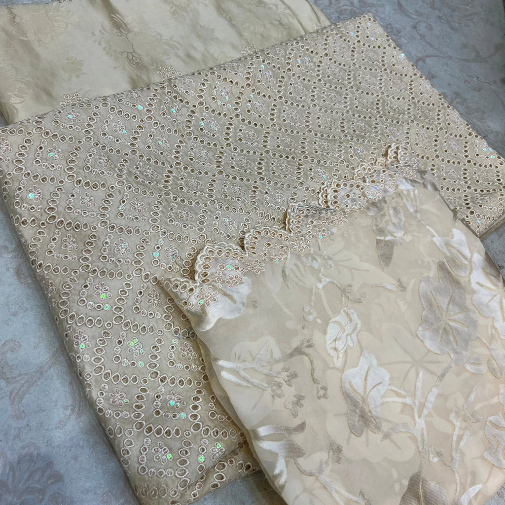 Ivory Champagne Embroidered Ambose Silk 3 Piece Suit