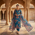 Ocean Blue Floral Barosha Silk 3 Piece Unstitched Suit