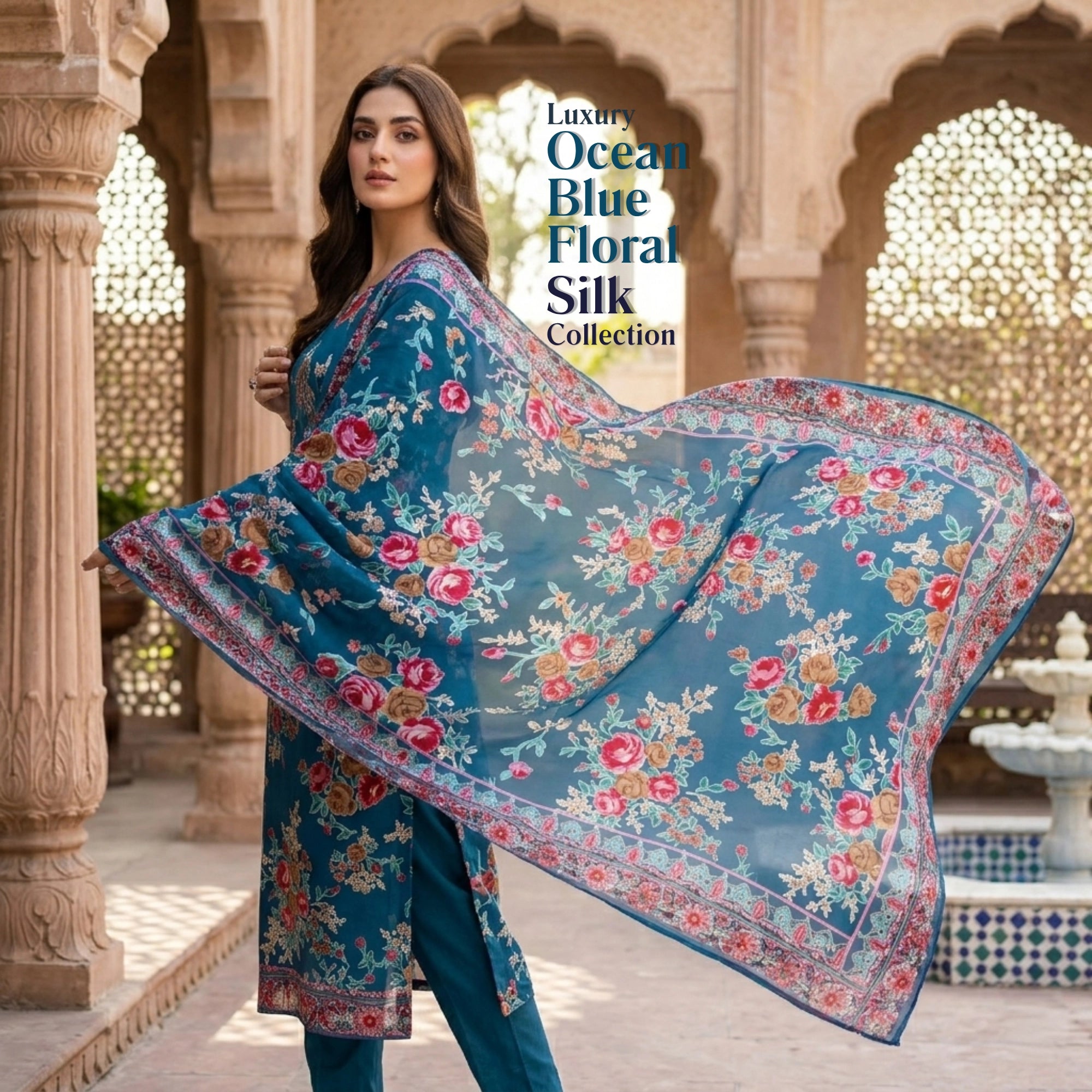Ocean Blue Floral Barosha Silk 3 Piece Unstitched Suit