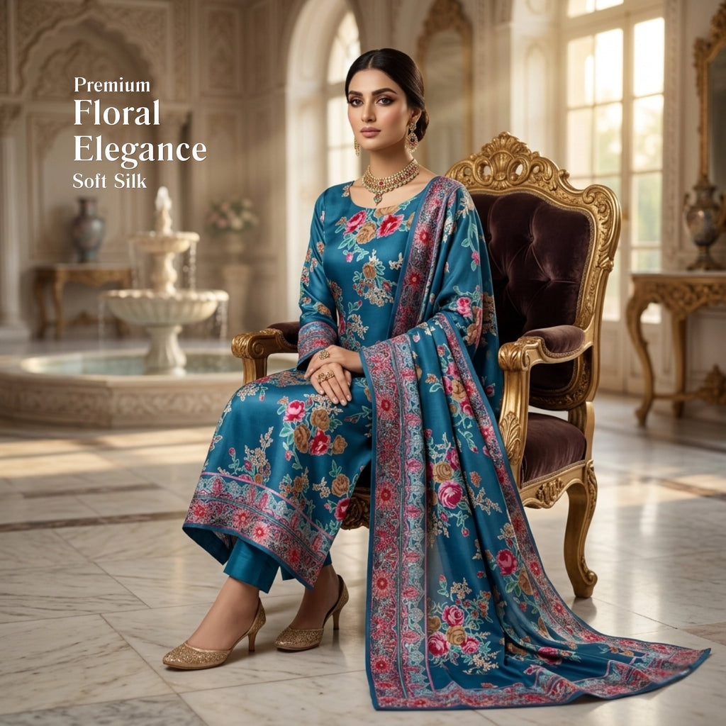 Ocean Blue Floral Barosha Silk 3 Piece Unstitched Suit