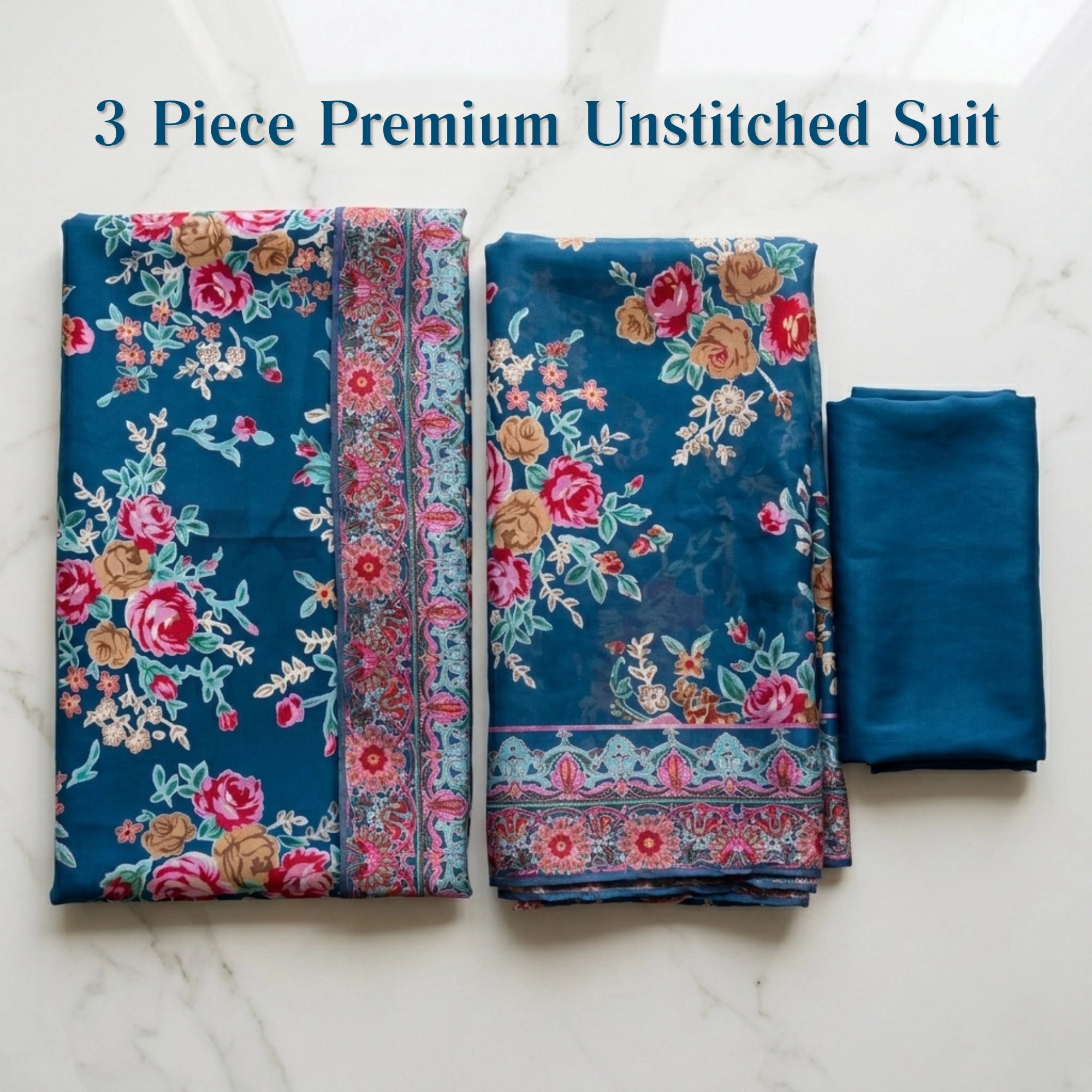 Ocean Blue Floral Barosha Silk 3 Piece Unstitched Suit