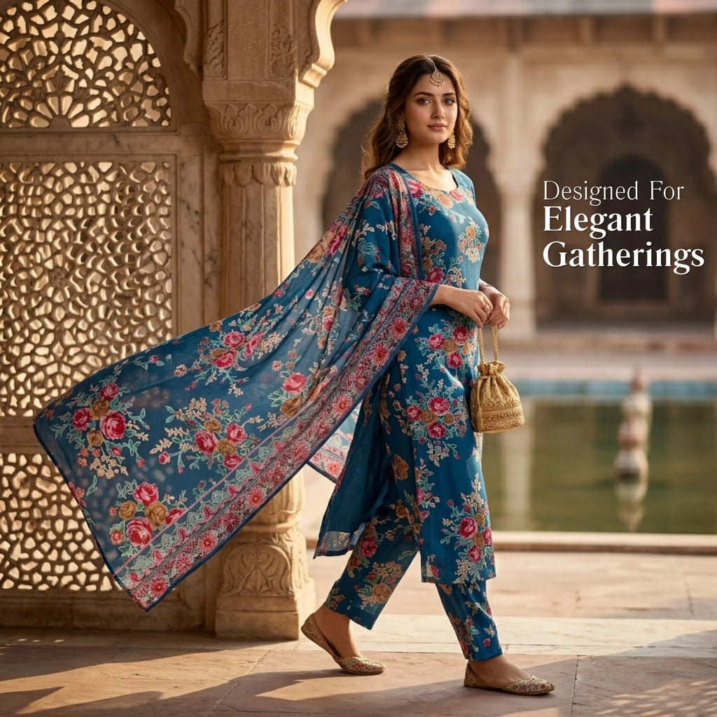 Ocean Blue Floral Barosha Silk 3 Piece Unstitched Suit