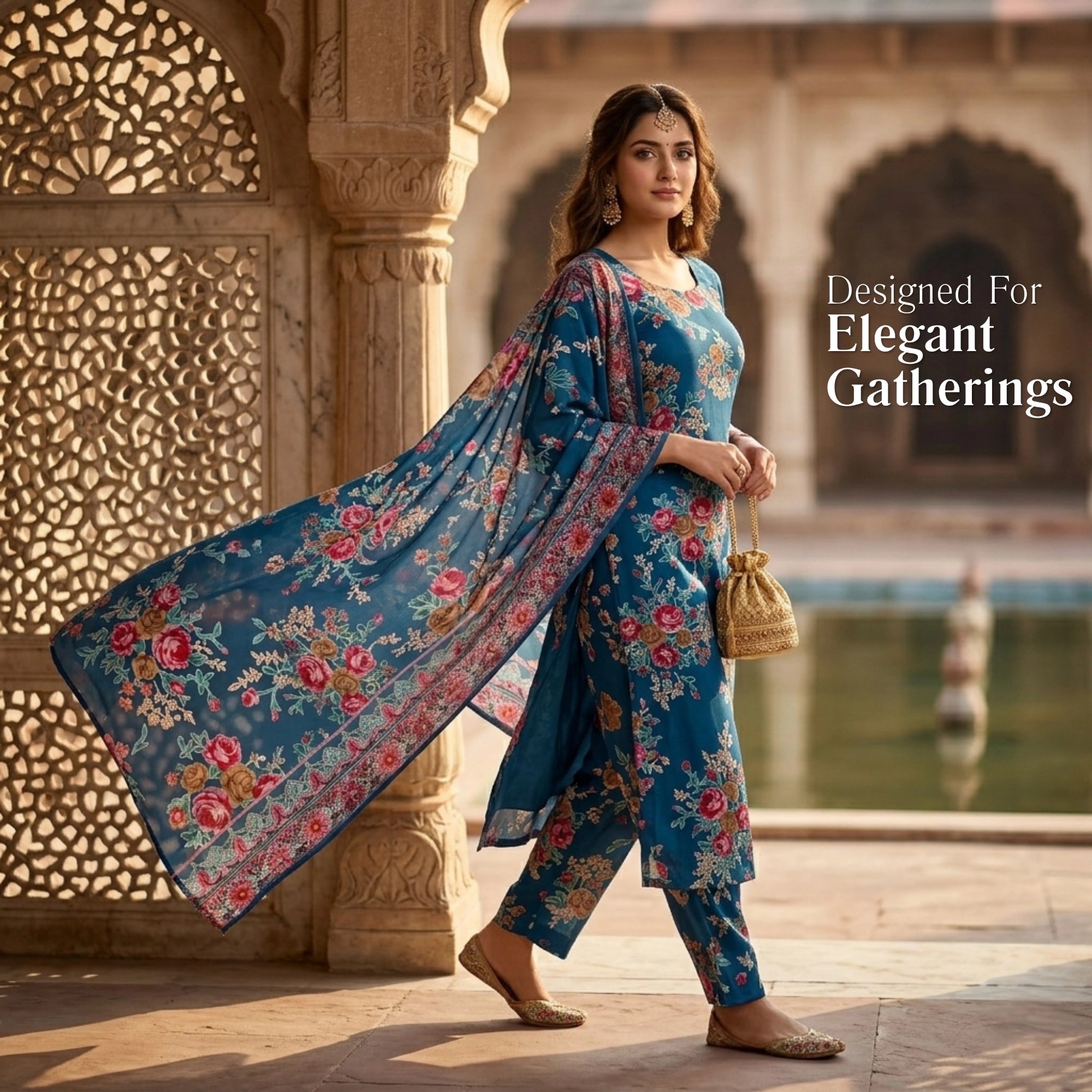 Ocean Blue Floral Barosha Silk 3 Piece Unstitched Suit