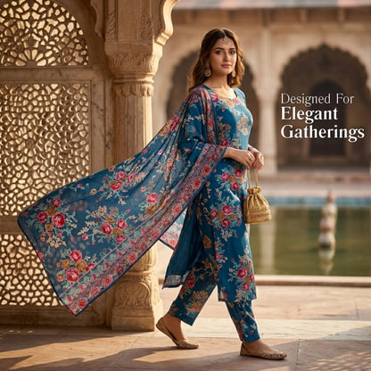 Ocean Blue Floral Barosha Silk 3 Piece Unstitched Suit
