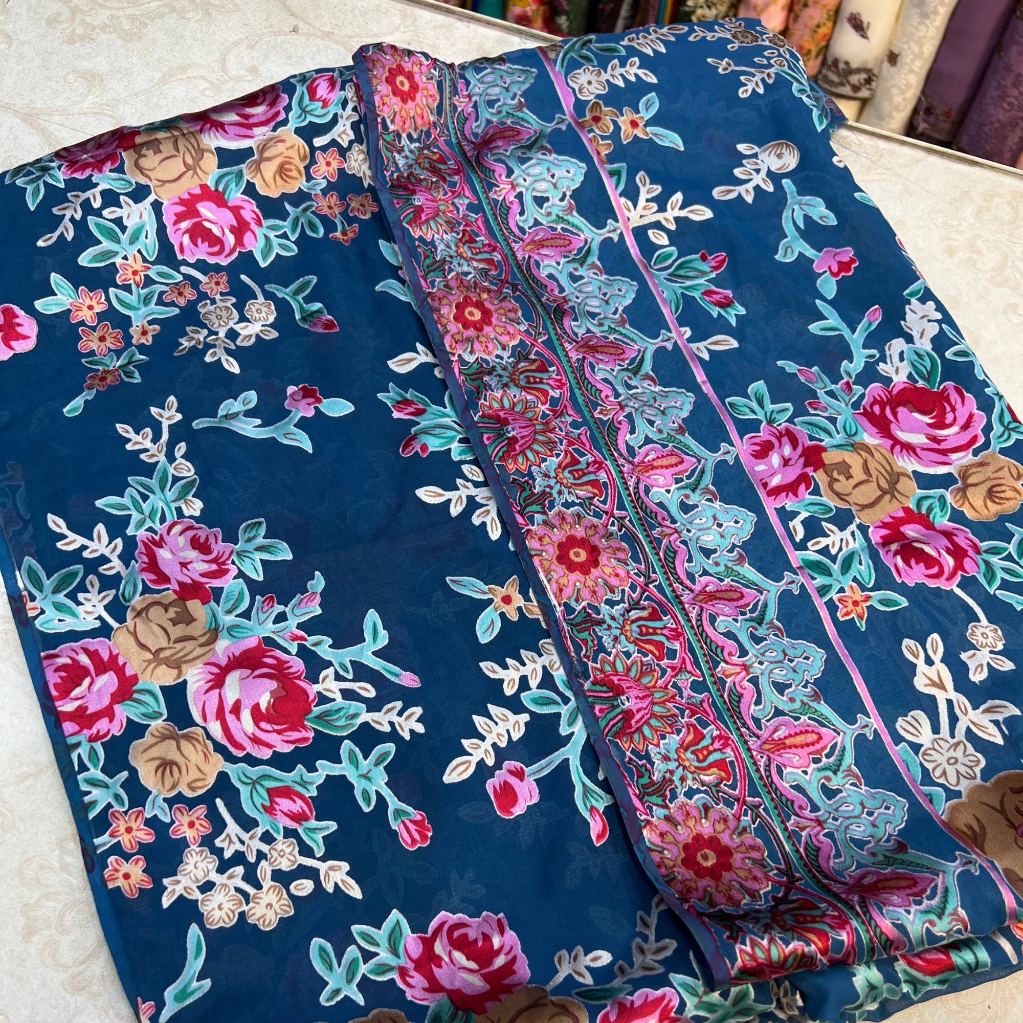 Ocean Blue Floral Barosha Silk 3 Piece Unstitched Suit