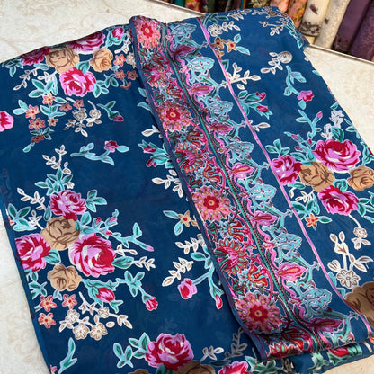 Ocean Blue Floral Barosha Silk 3 Piece Unstitched Suit