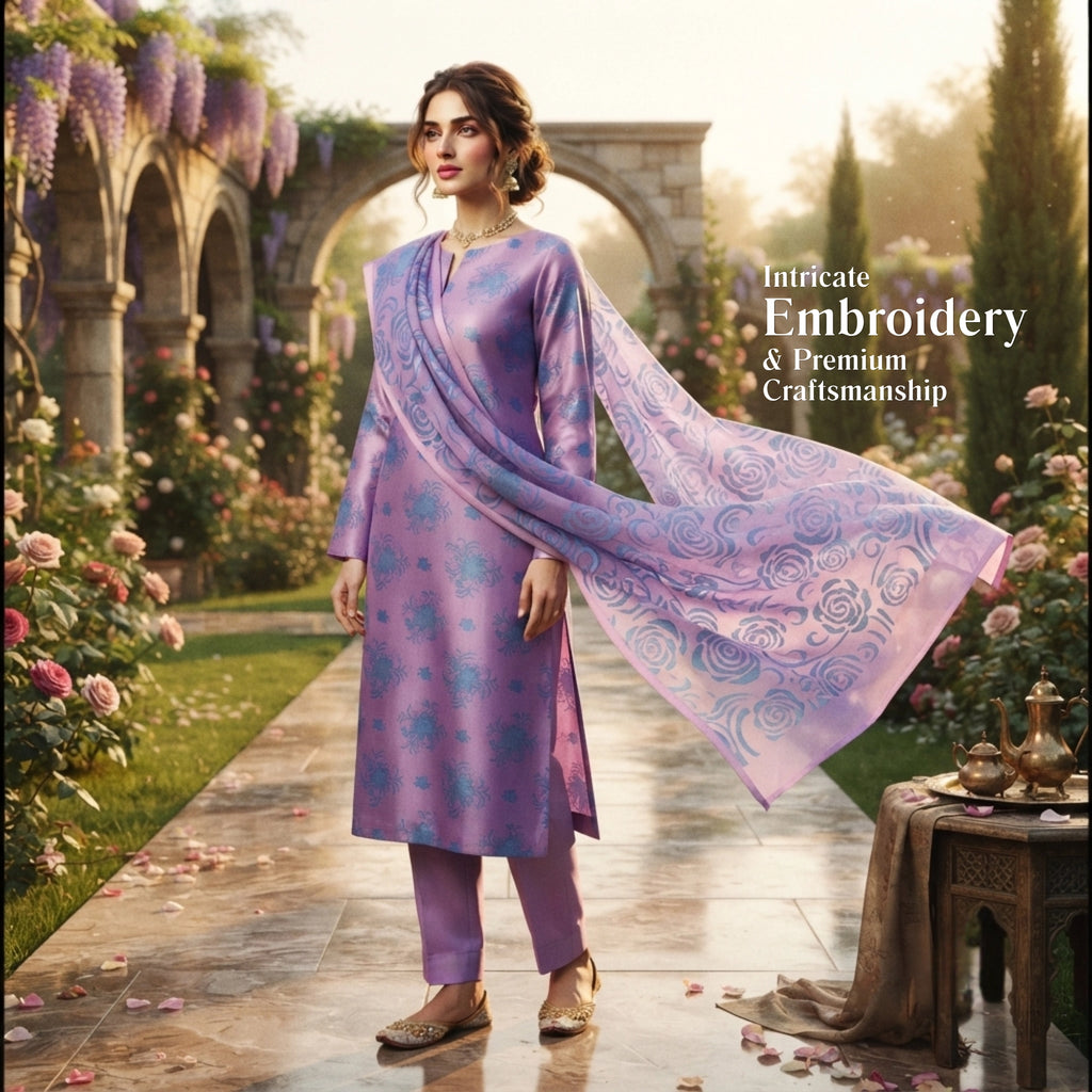 Lavender Purple & Sky Blue Ambose Silk 3 Piece Suit