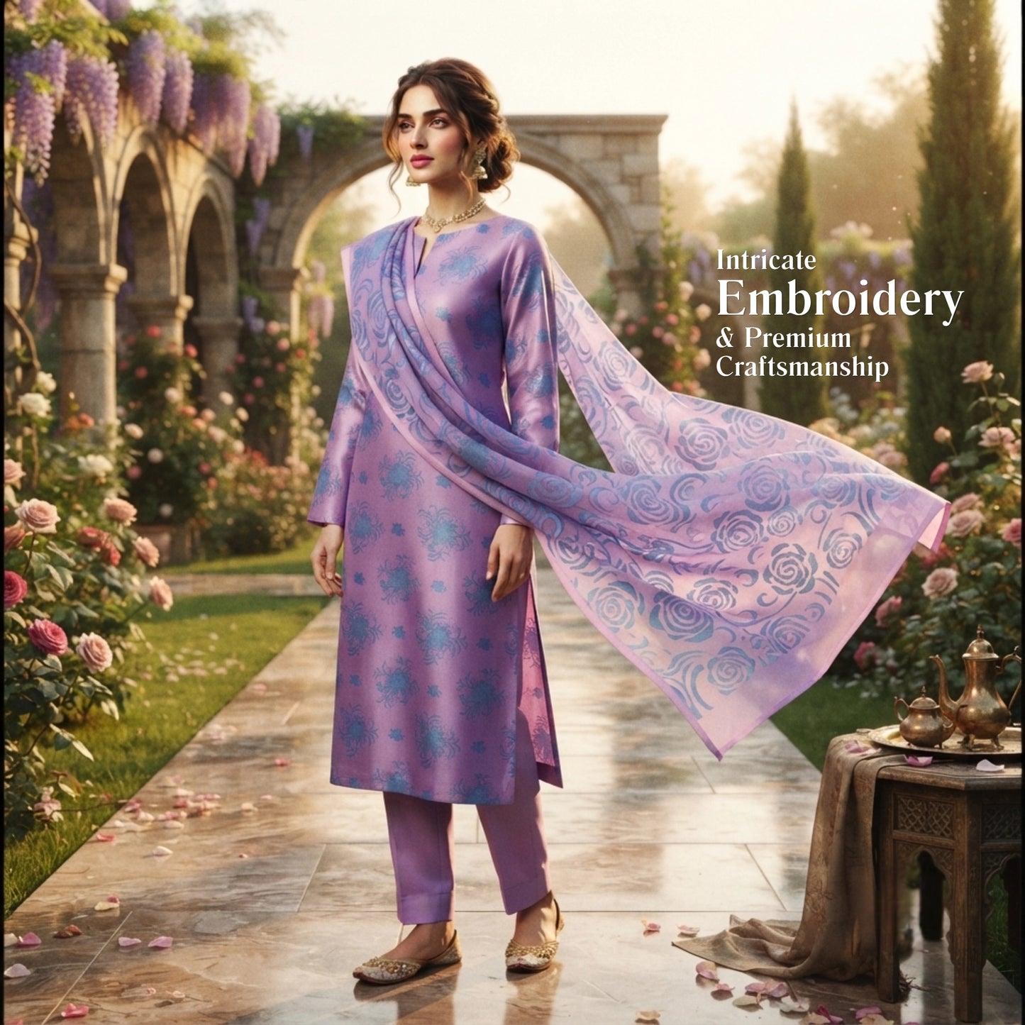 Lavender Purple & Sky Blue Ambose Silk 3 Piece Suit